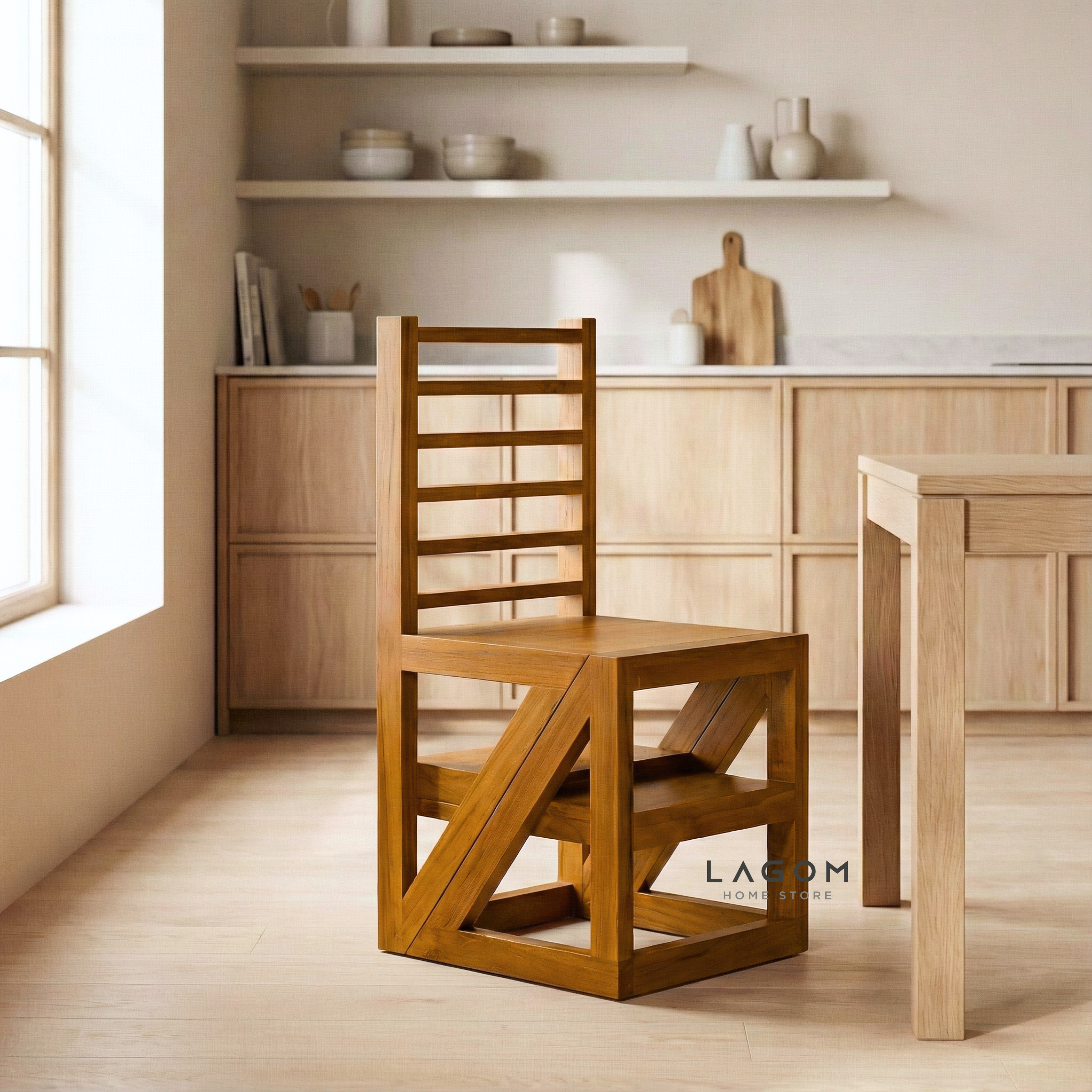 2-in-1 Teak Wood Step Stool & Chair - Smart & Sturdy Design Step Stool Lagom Home Store Jati Furnitur Teak Furniture Jakarta