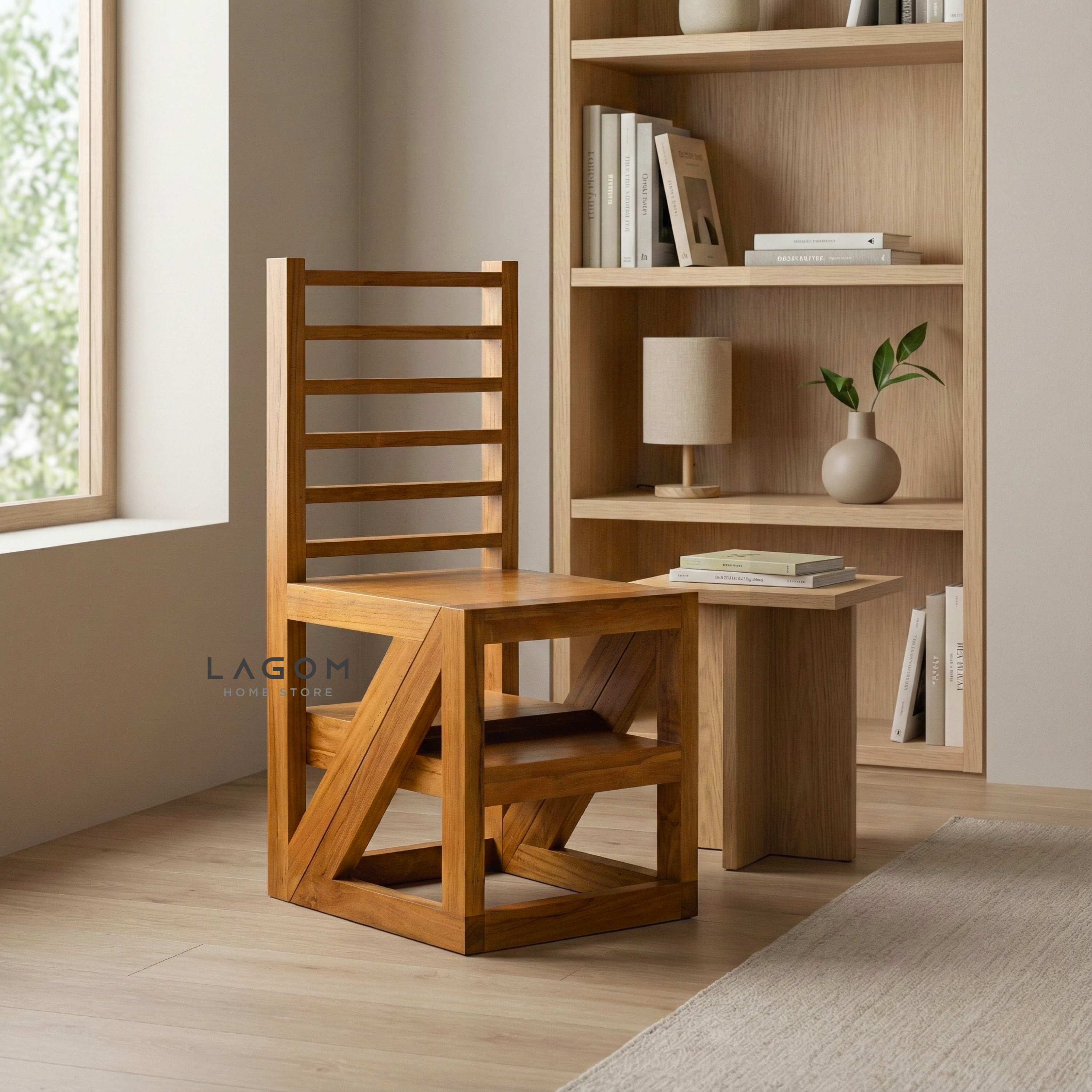 2-in-1 Teak Wood Step Stool & Chair - Smart & Sturdy Design Step Stool Lagom Home Store Jati Furnitur Teak Furniture Jakarta