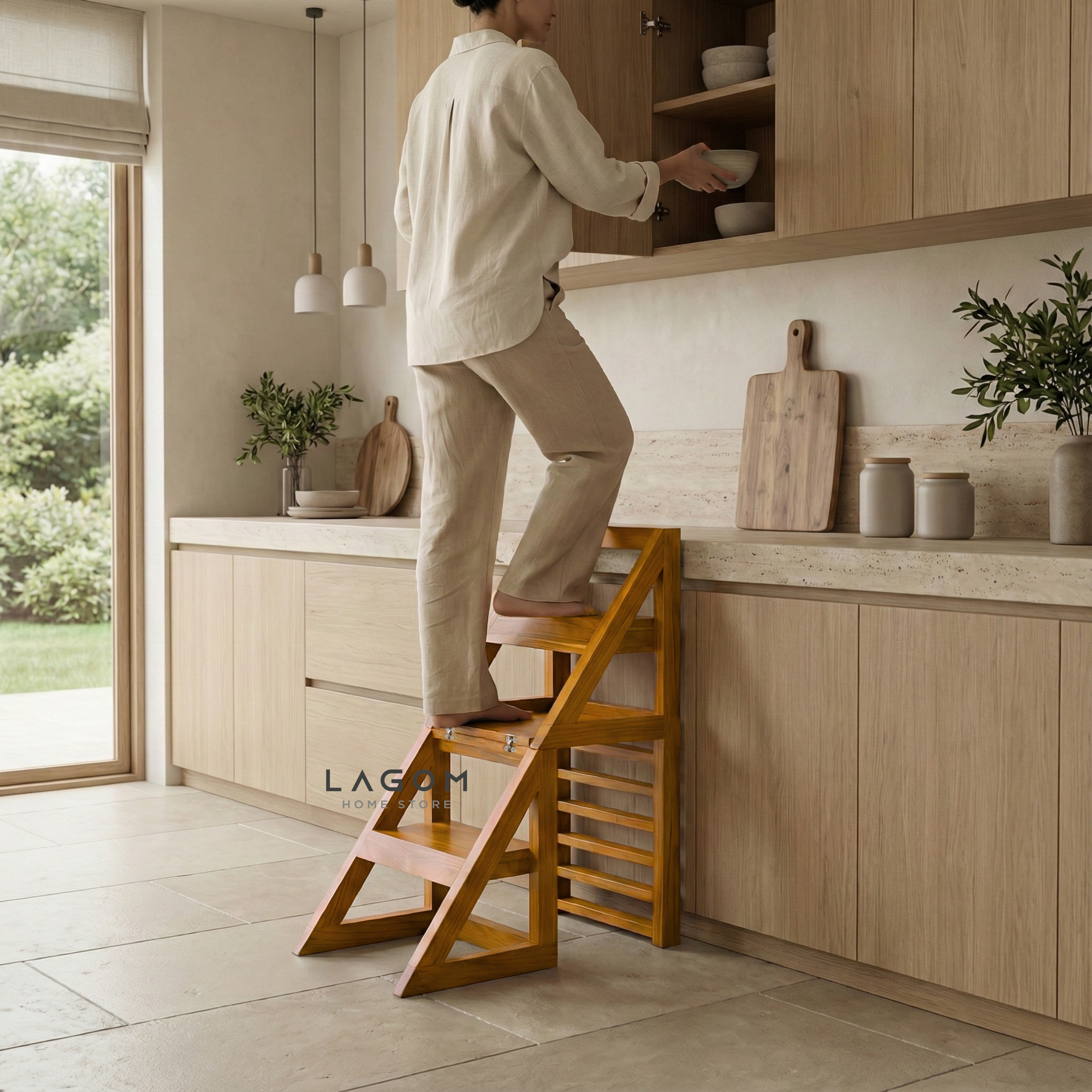 2-in-1 Teak Wood Step Stool & Chair - Smart & Sturdy Design Step Stool Lagom Home Store Jati Furnitur Teak Furniture Jakarta