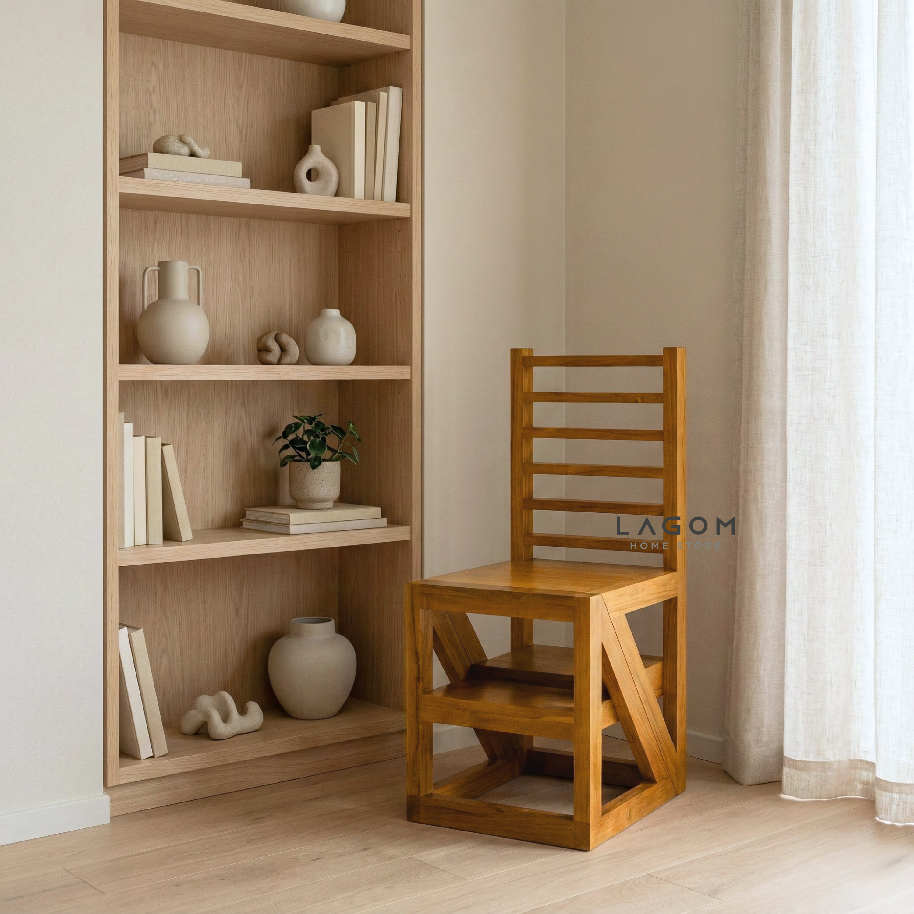 2-in-1 Teak Wood Step Stool & Chair - Smart & Sturdy Design Step Stool Lagom Home Store Jati Furnitur Teak Furniture Jakarta