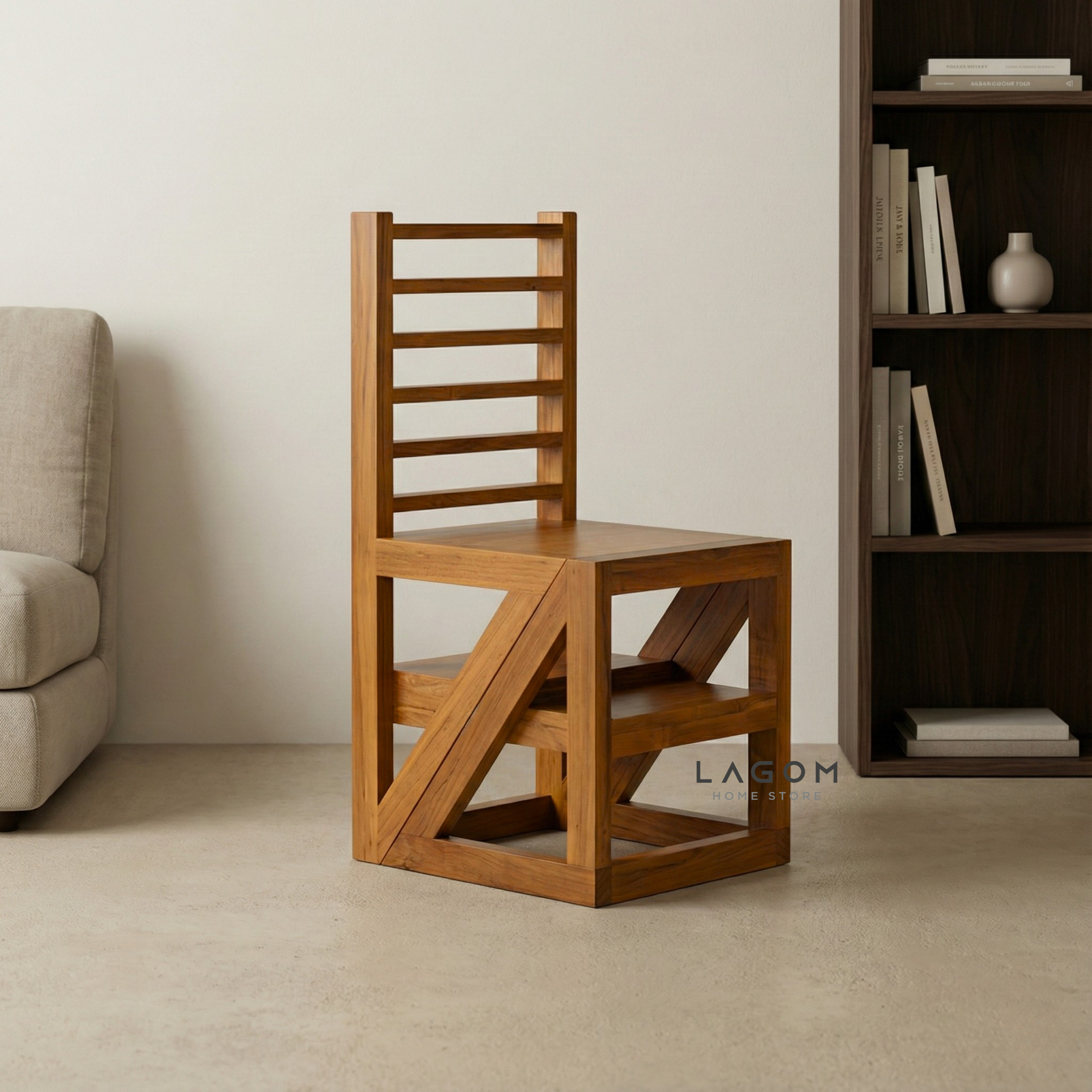 2-in-1 Teak Wood Step Stool & Chair - Smart & Sturdy Design Step Stool Lagom Home Store Jati Furnitur Teak Furniture Jakarta