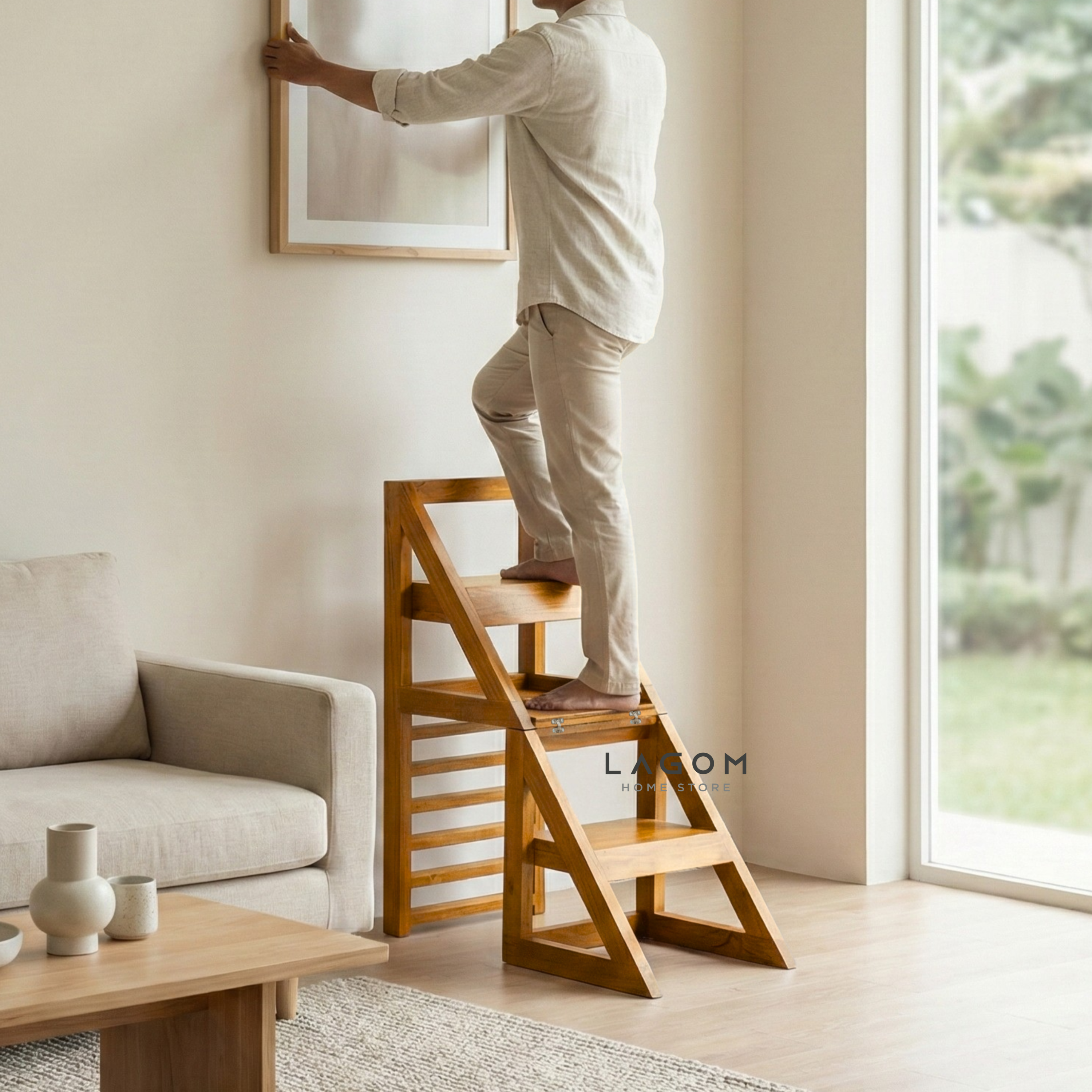 2-in-1 Teak Wood Step Stool & Chair - Smart & Sturdy Design Step Stool Lagom Home Store Jati Furnitur Teak Furniture Jakarta