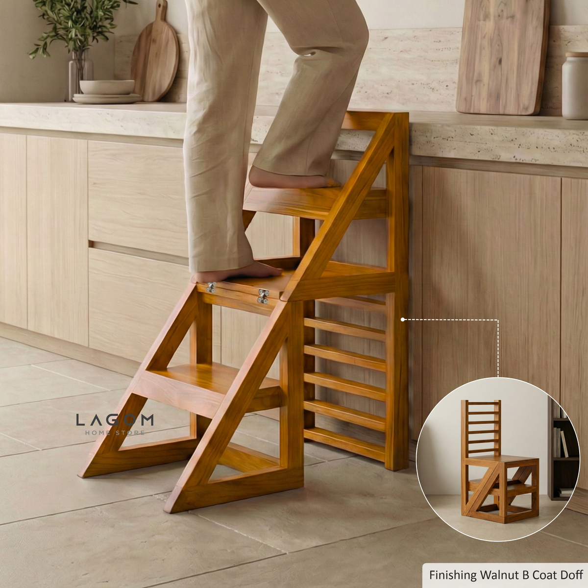 2-in-1 Teak Wood Step Stool & Chair - Smart & Sturdy Design Step Stool Lagom Home Store Jati Furnitur Teak Furniture Jakarta