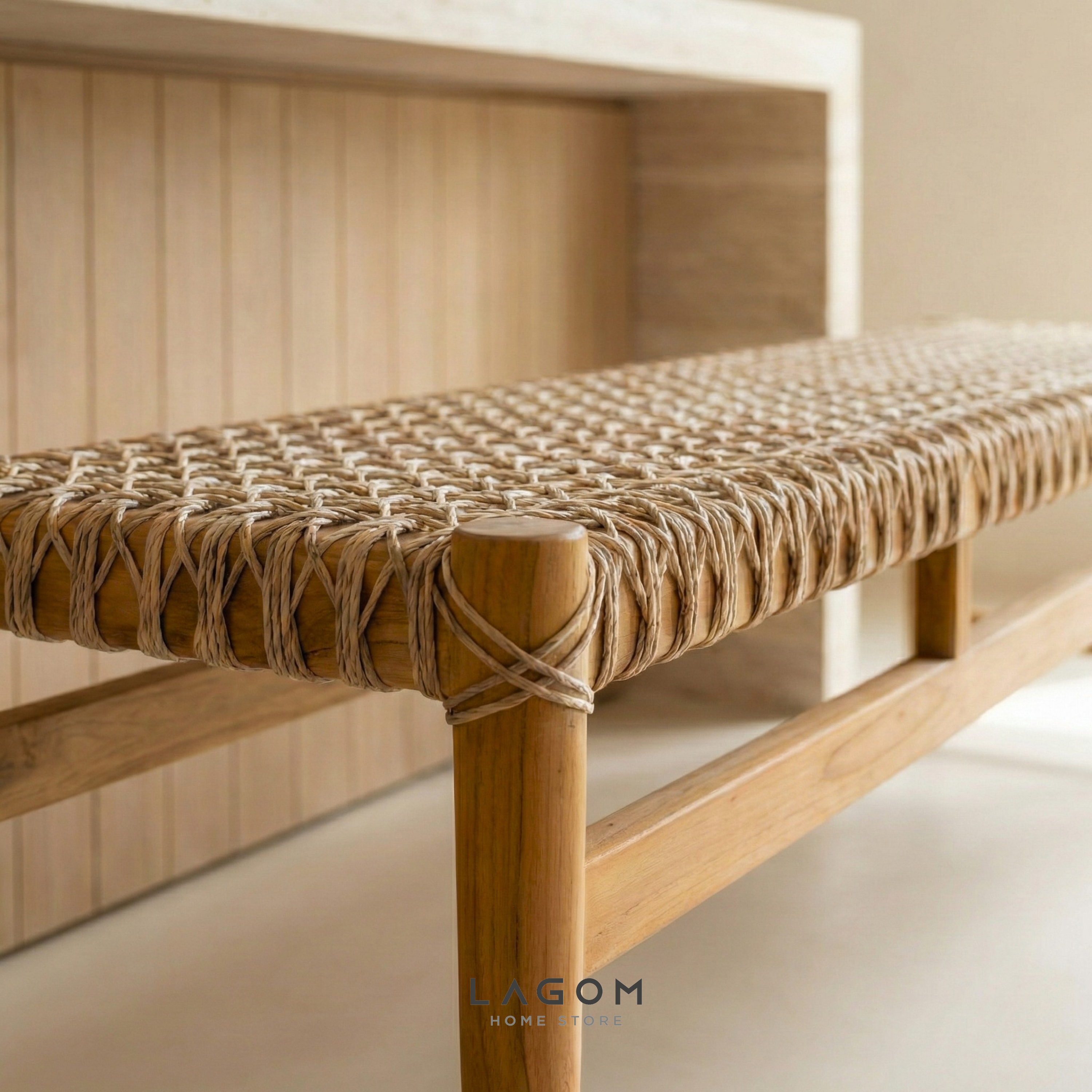 200 cm Solid Teak Bench with Handwoven Poly Hyacinth Bench Seat Lagom Home Store Jati Furnitur Teak Furniture Jakarta