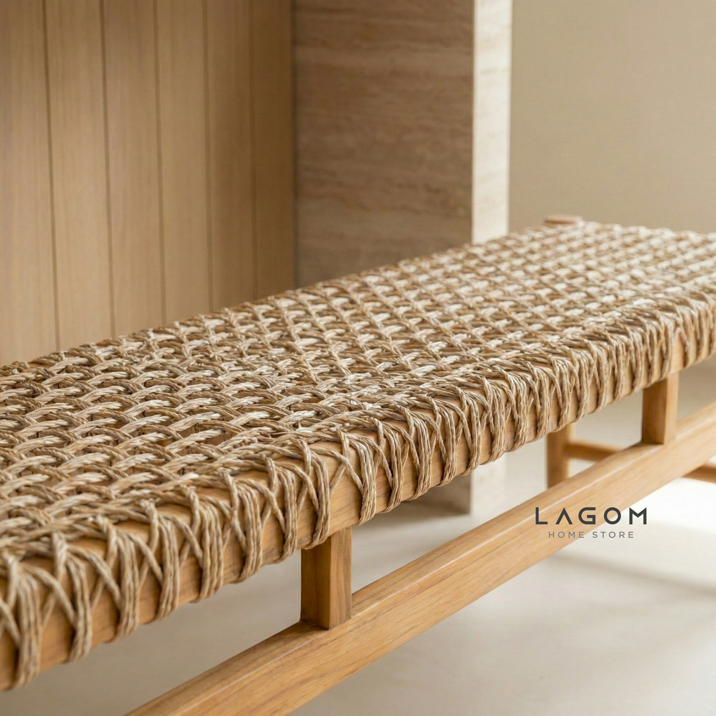 200 cm Solid Teak Bench with Handwoven Poly Hyacinth Bench Seat Lagom Home Store Jati Furnitur Teak Furniture Jakarta