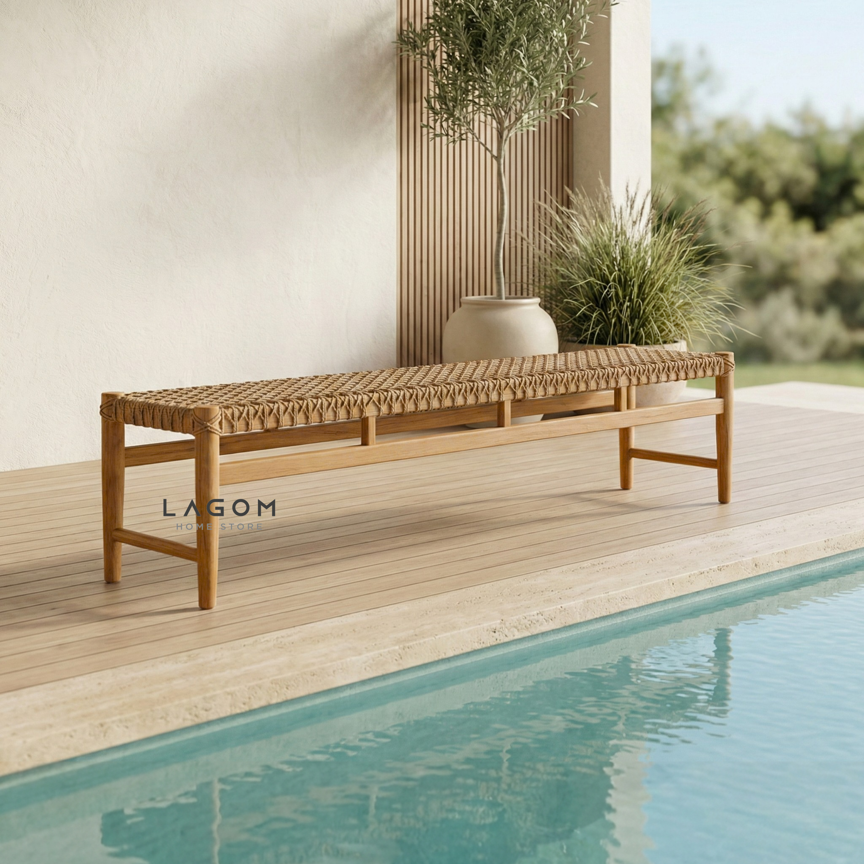 200 cm Solid Teak Bench with Handwoven Poly Hyacinth Bench Seat Lagom Home Store Jati Furnitur Teak Furniture Jakarta