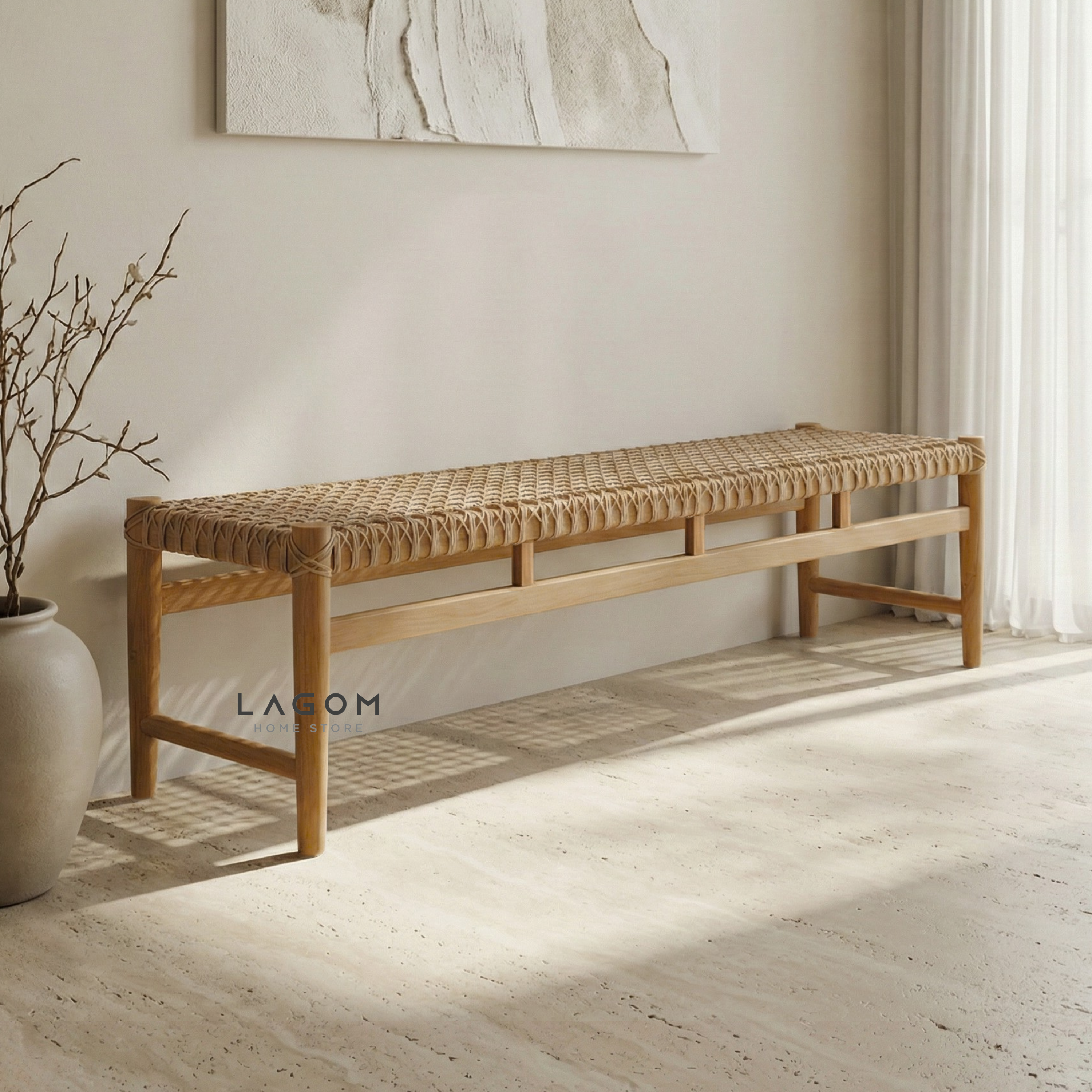 200 cm Solid Teak Bench with Handwoven Poly Hyacinth Bench Seat Lagom Home Store Jati Furnitur Teak Furniture Jakarta
