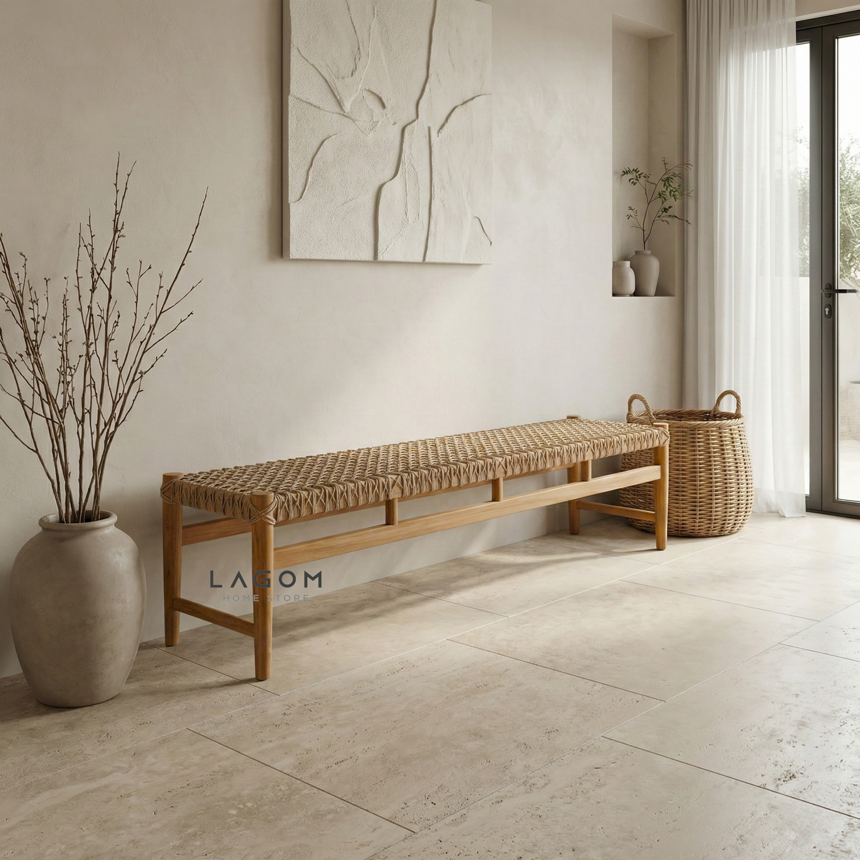 200 cm Solid Teak Bench with Handwoven Poly Hyacinth Bench Seat Lagom Home Store Jati Furnitur Teak Furniture Jakarta