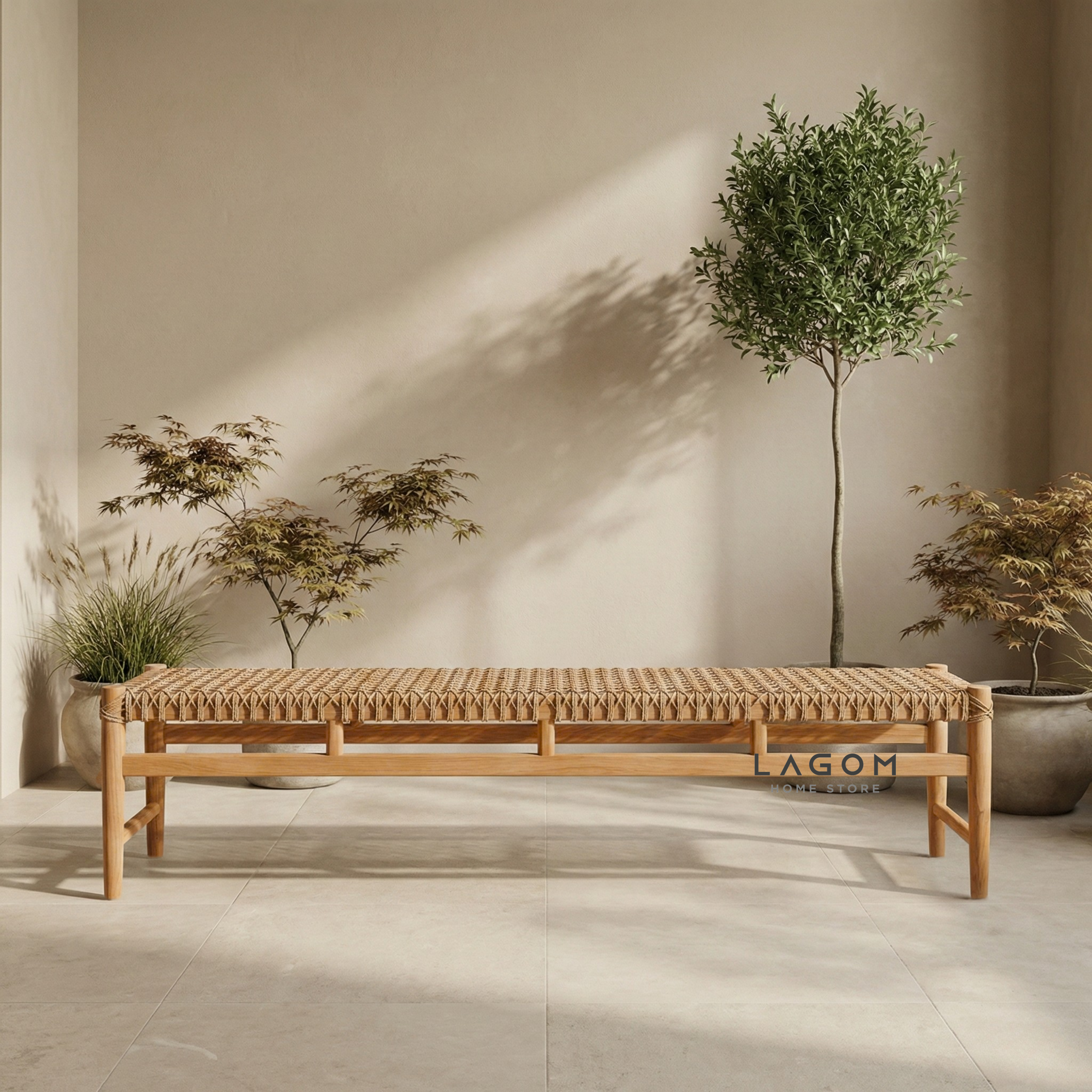 200 cm Solid Teak Bench with Handwoven Poly Hyacinth Bench Seat Lagom Home Store Jati Furnitur Teak Furniture Jakarta