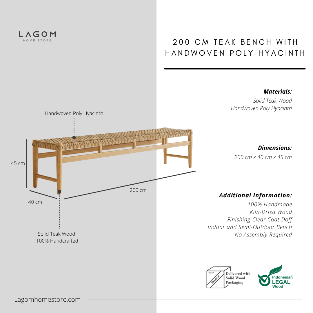 200 cm Solid Teak Bench with Handwoven Poly Hyacinth Bench Seat Lagom Home Store Jati Furnitur Teak Furniture Jakarta