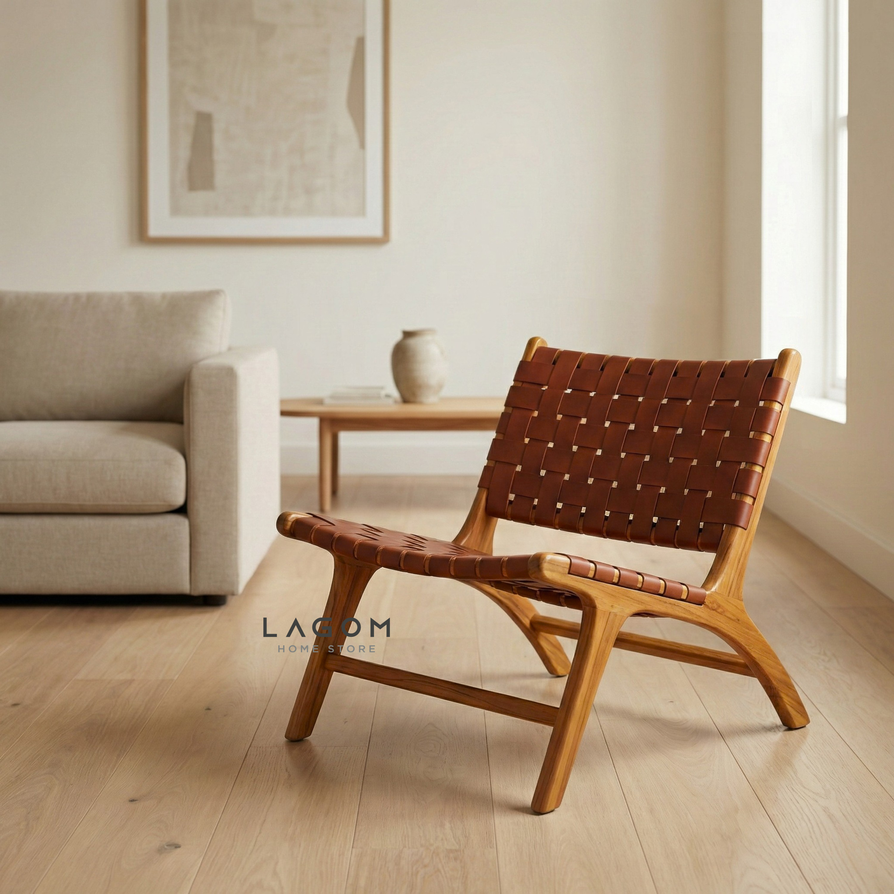 Solid Teak Lounge Chair with Handwoven Leather