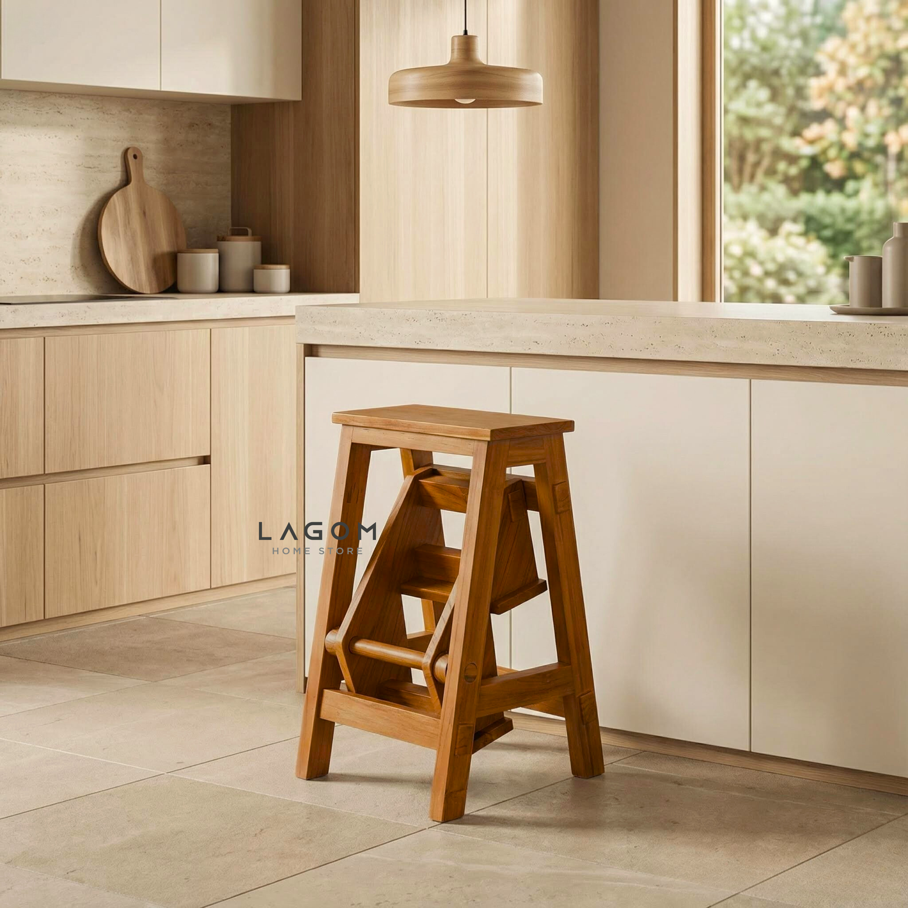 Teak Wood Convertible Step Stool & Bar Stool