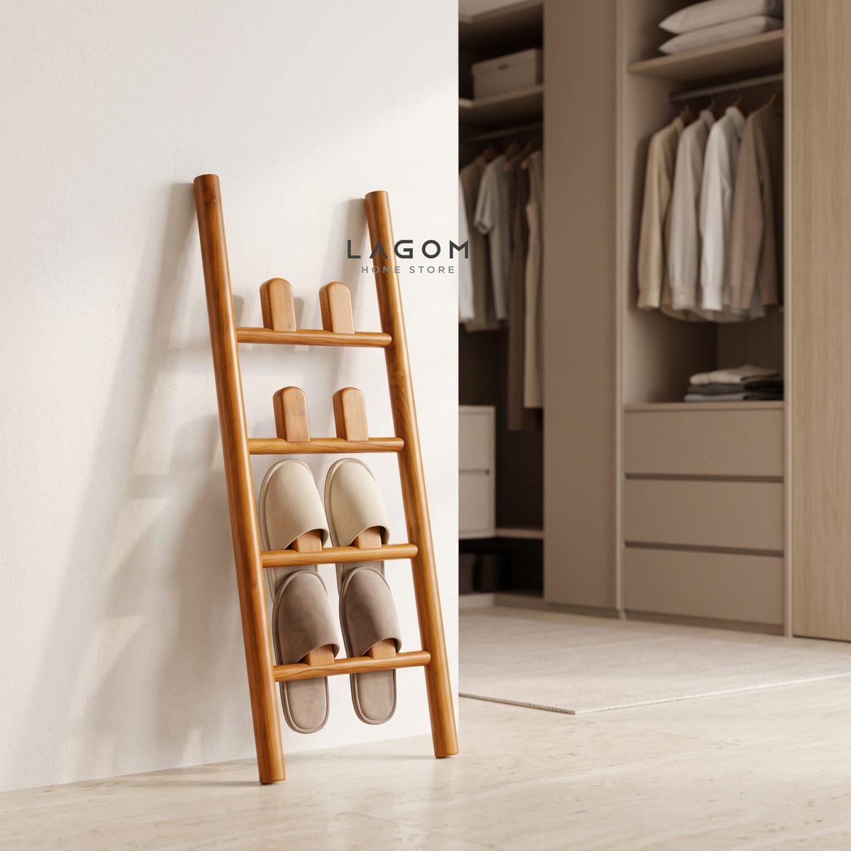 4-Pair Teak Sandal Rack - Leaning Style