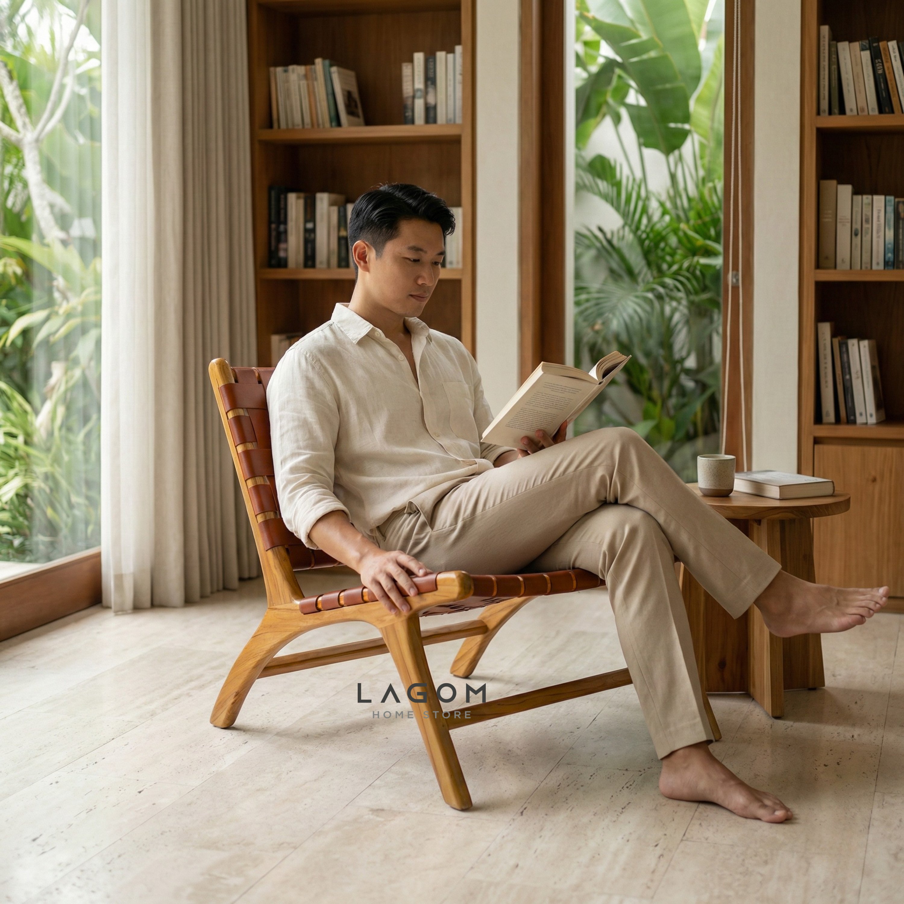 Solid Teak Lounge Chair with Handwoven Leather