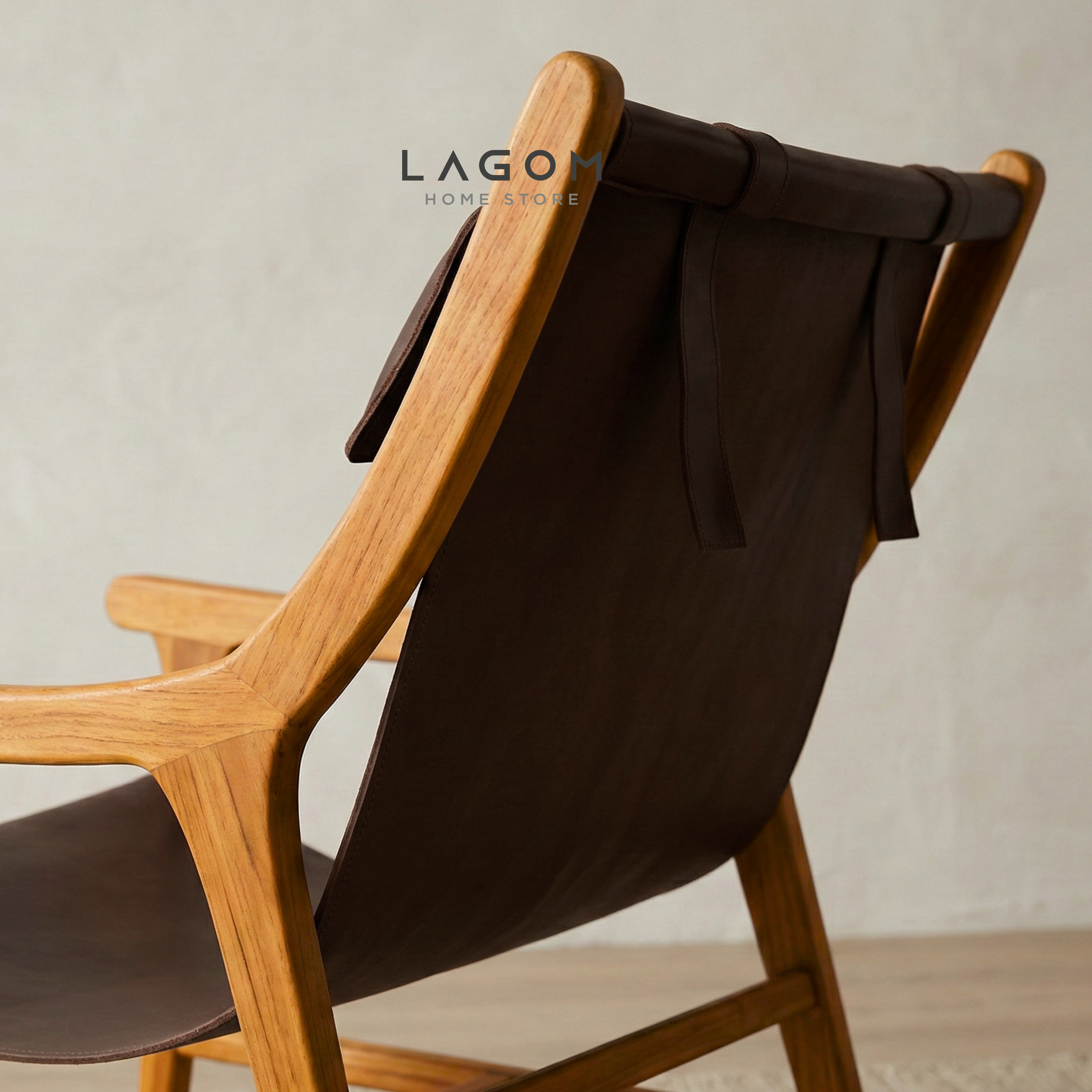 Teak Lounge Chair with Leather Sling Seat
