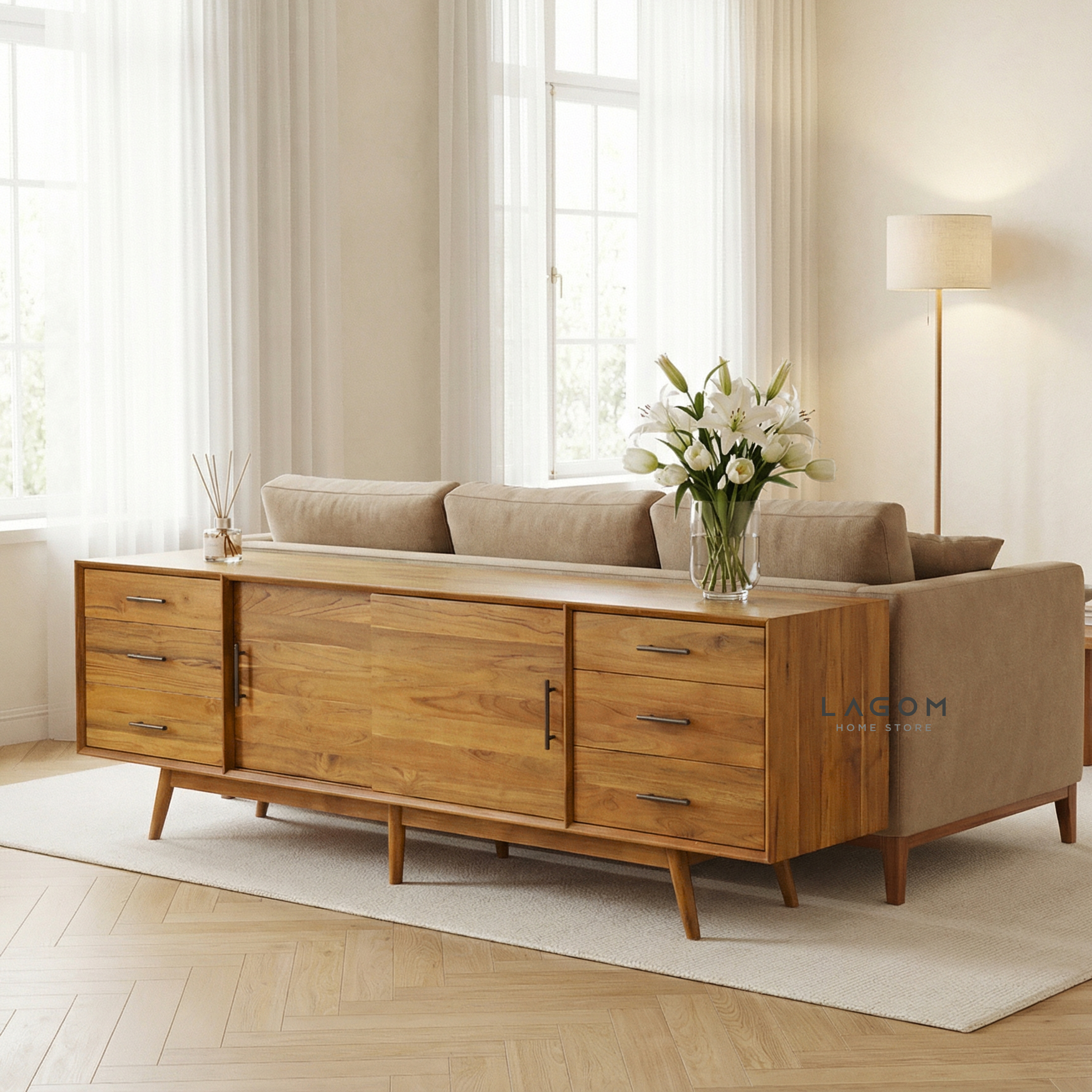 244 cm Teak Wood TV Cabinet with Drawers and Sliding Doors TV Cabinet Lagom Home Store Jati Furnitur Teak Furniture Jakarta