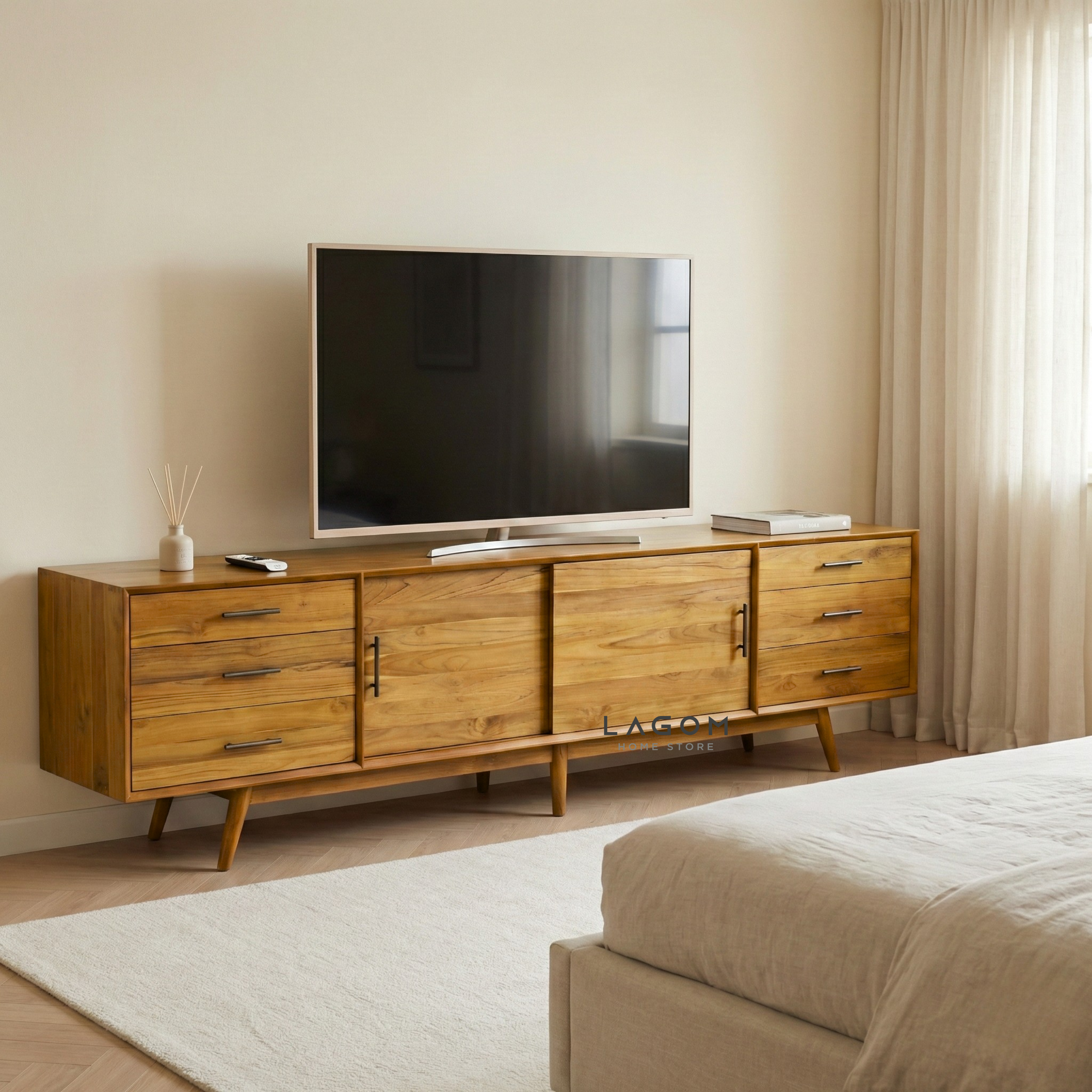 244 cm Teak Wood TV Cabinet with Drawers and Sliding Doors TV Cabinet Lagom Home Store Jati Furnitur Teak Furniture Jakarta