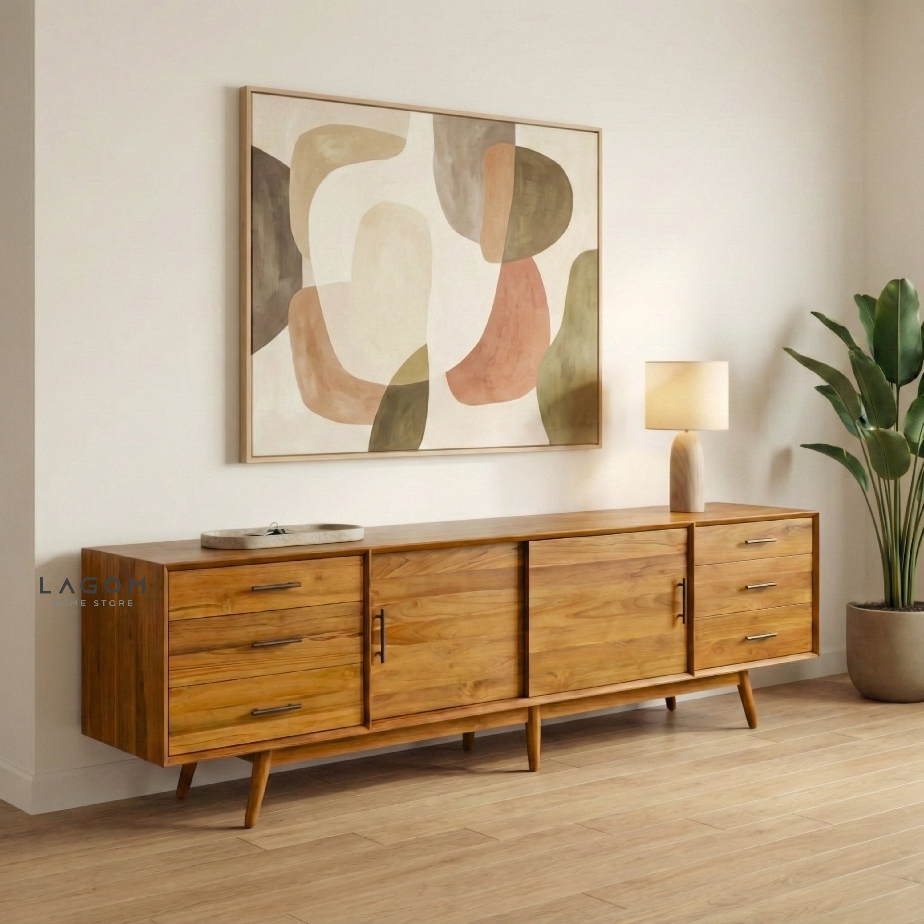 244 cm Teak Wood TV Cabinet with Drawers and Sliding Doors TV Cabinet Lagom Home Store Jati Furnitur Teak Furniture Jakarta