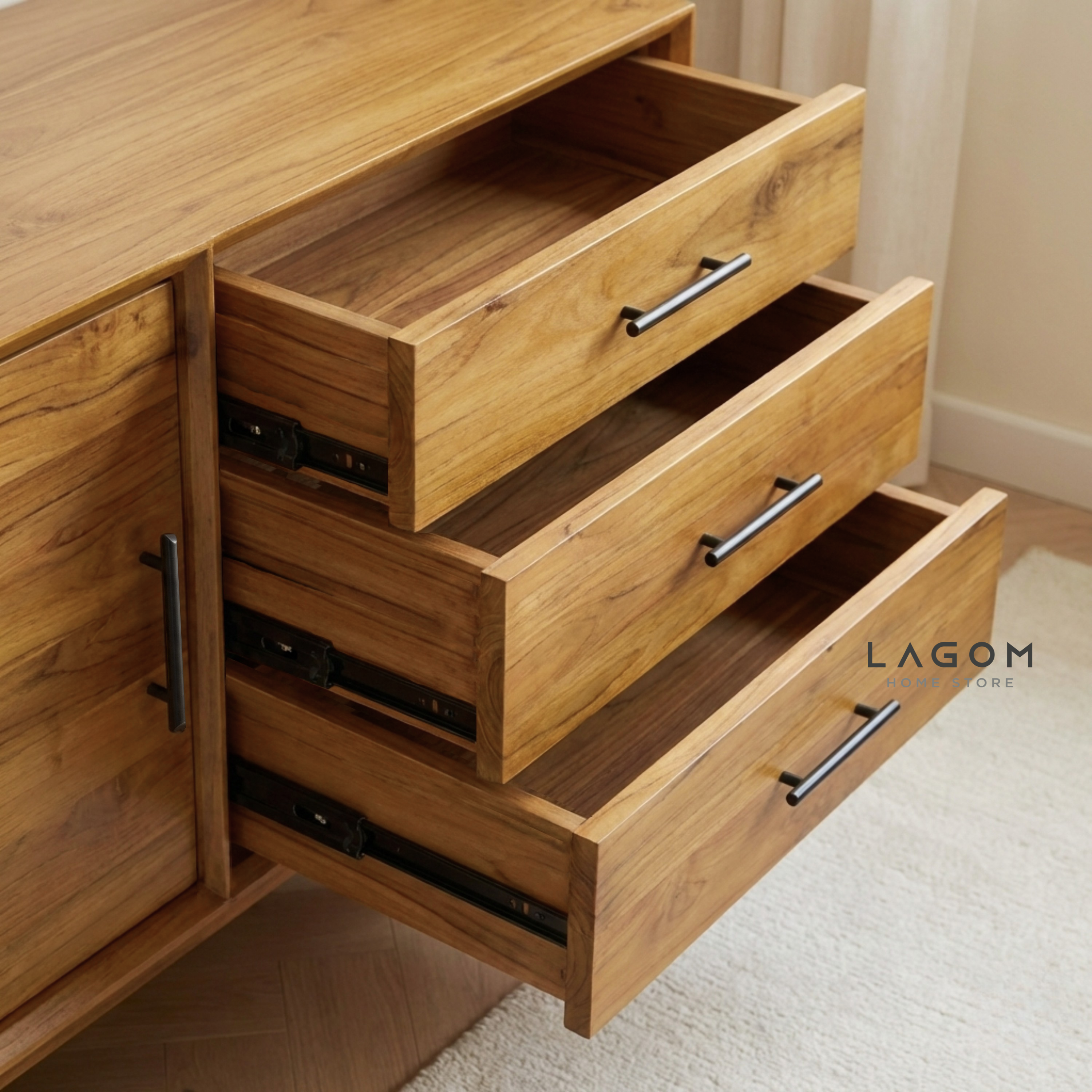 244 cm Teak Wood TV Cabinet with Drawers and Sliding Doors TV Cabinet Lagom Home Store Jati Furnitur Teak Furniture Jakarta