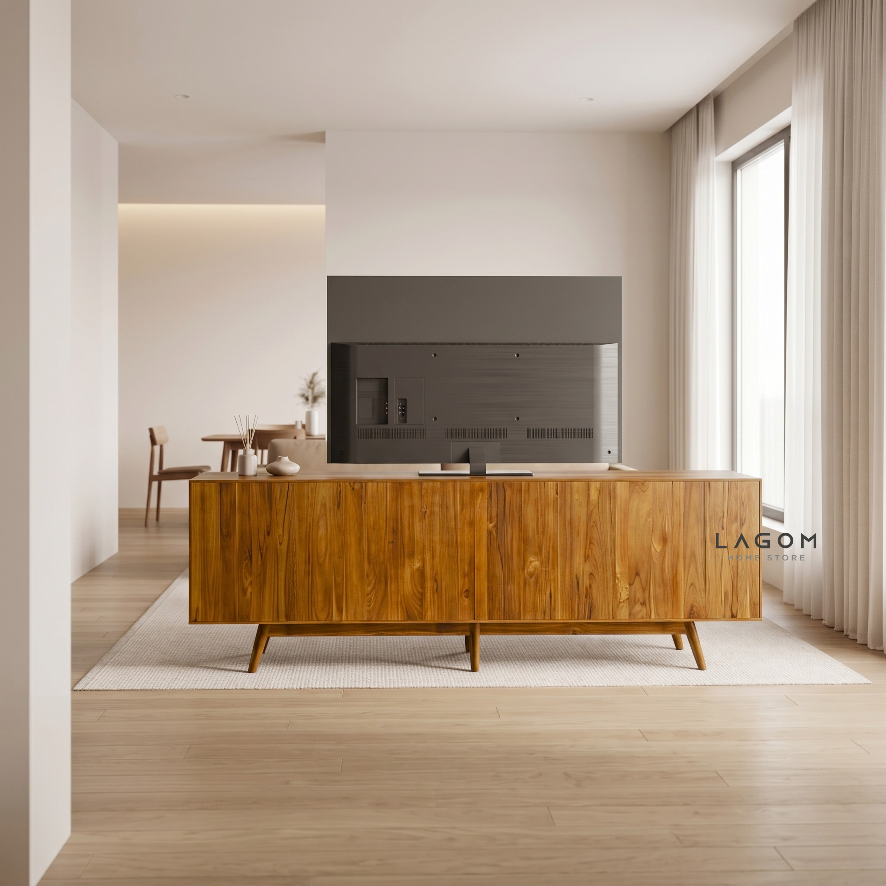 244 cm Teak Wood TV Cabinet with Drawers and Sliding Doors TV Cabinet Lagom Home Store Jati Furnitur Teak Furniture Jakarta