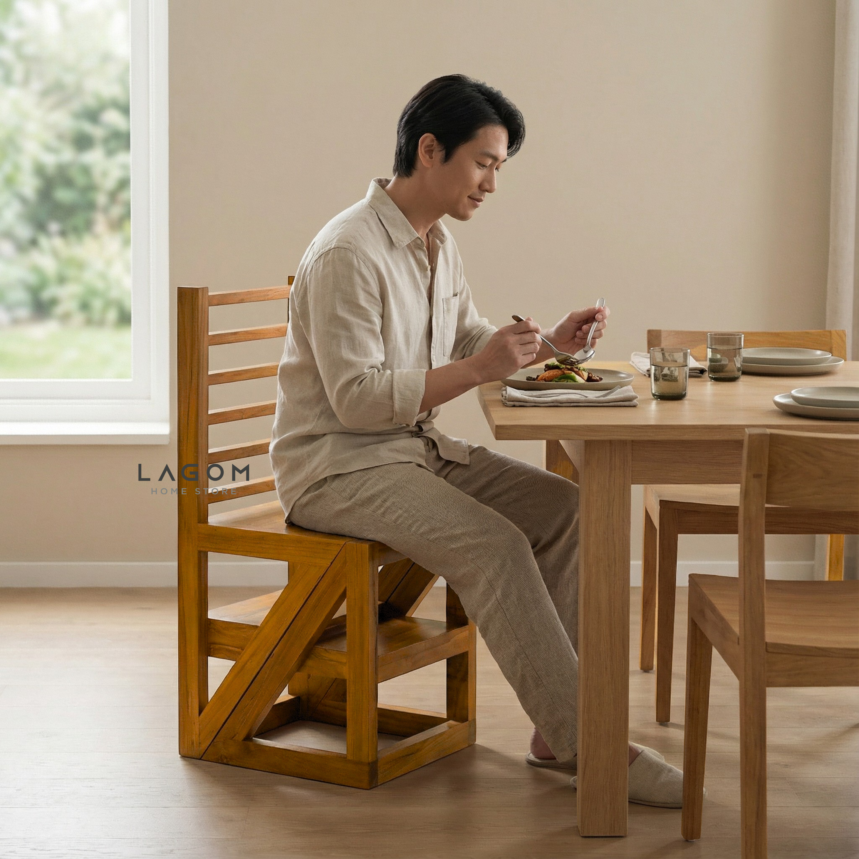 2-in-1 Teak Wood Step Stool & Chair - Smart & Sturdy Design