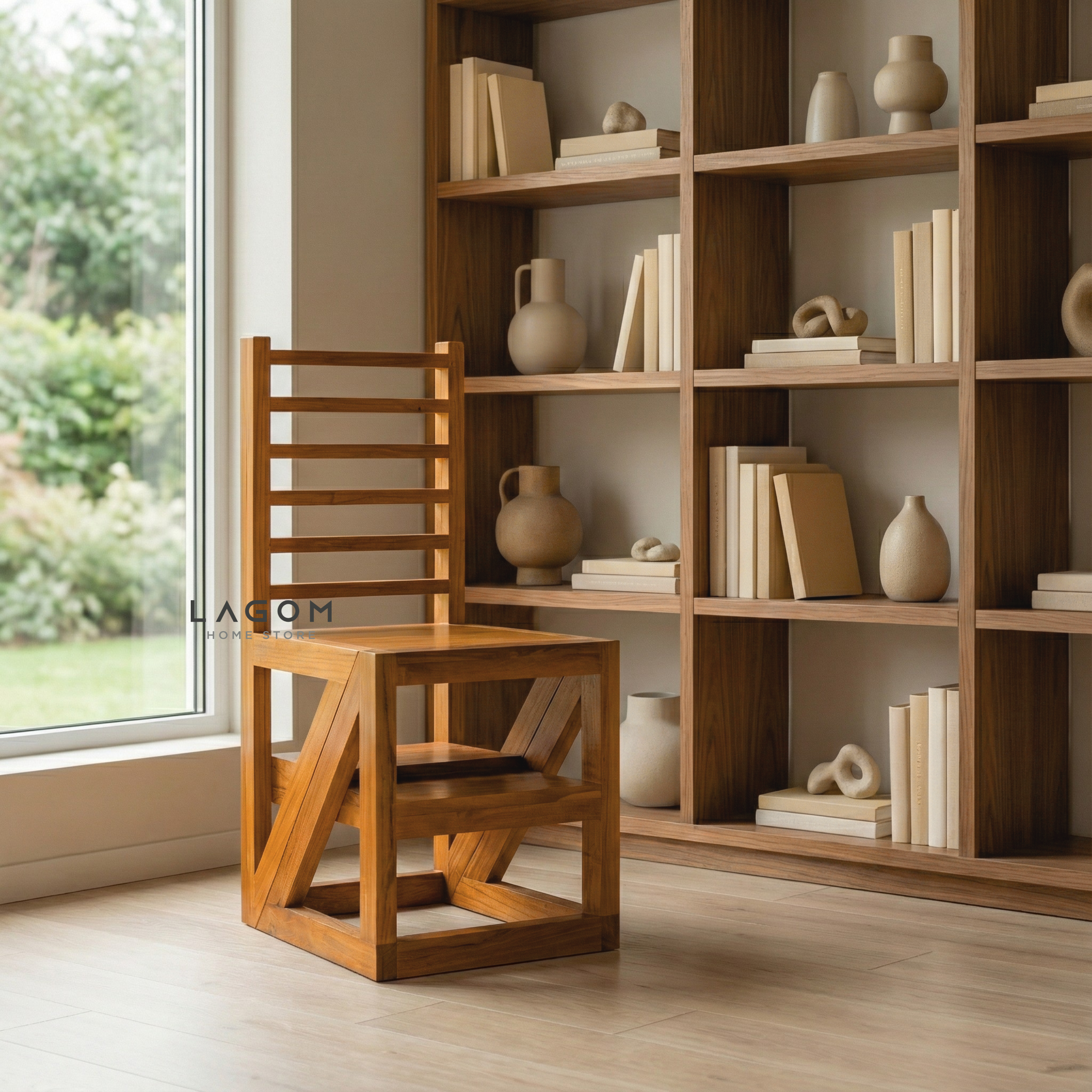 2-in-1 Teak Wood Step Stool & Chair - Smart & Sturdy Design