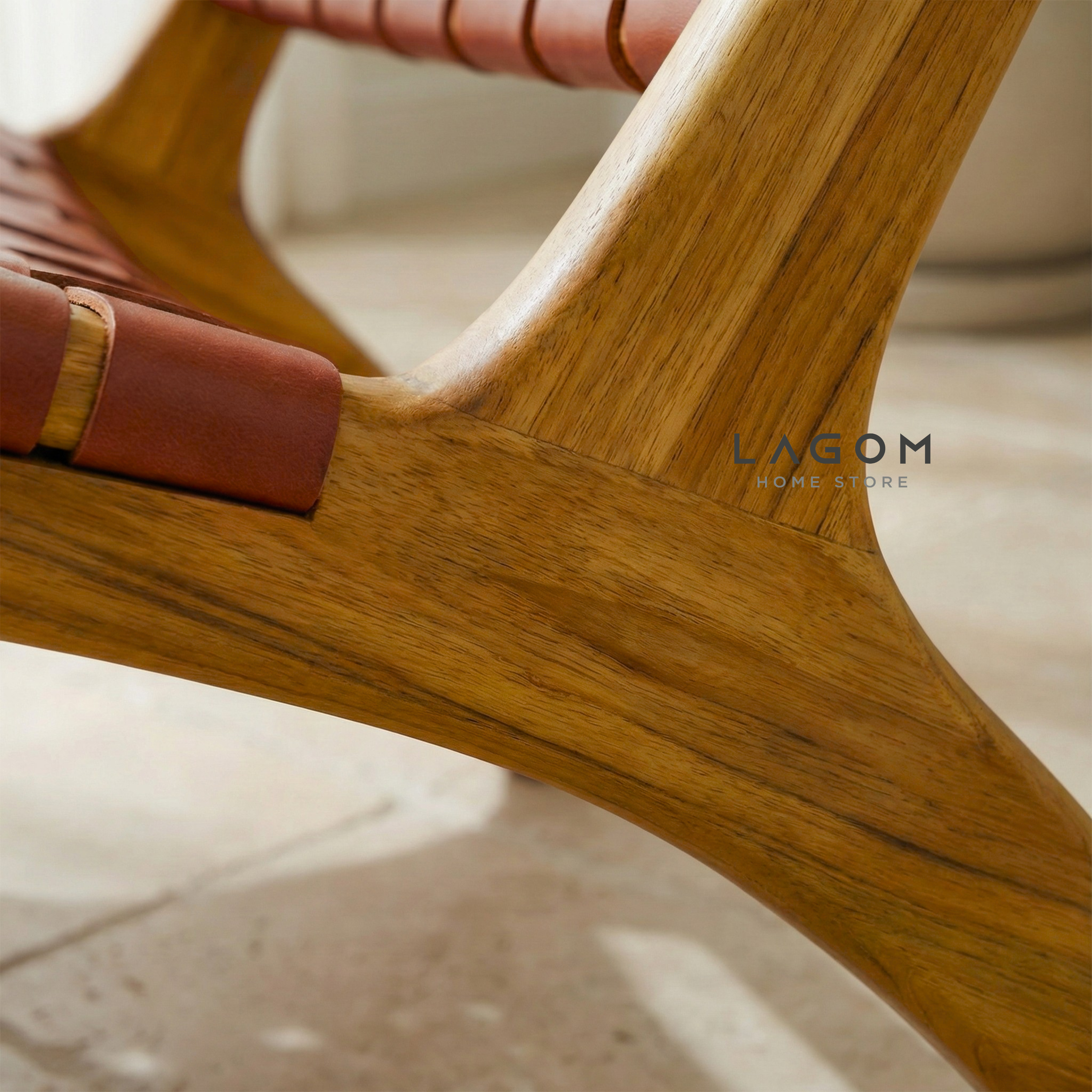 Solid Teak Lounge Chair with Handwoven Leather