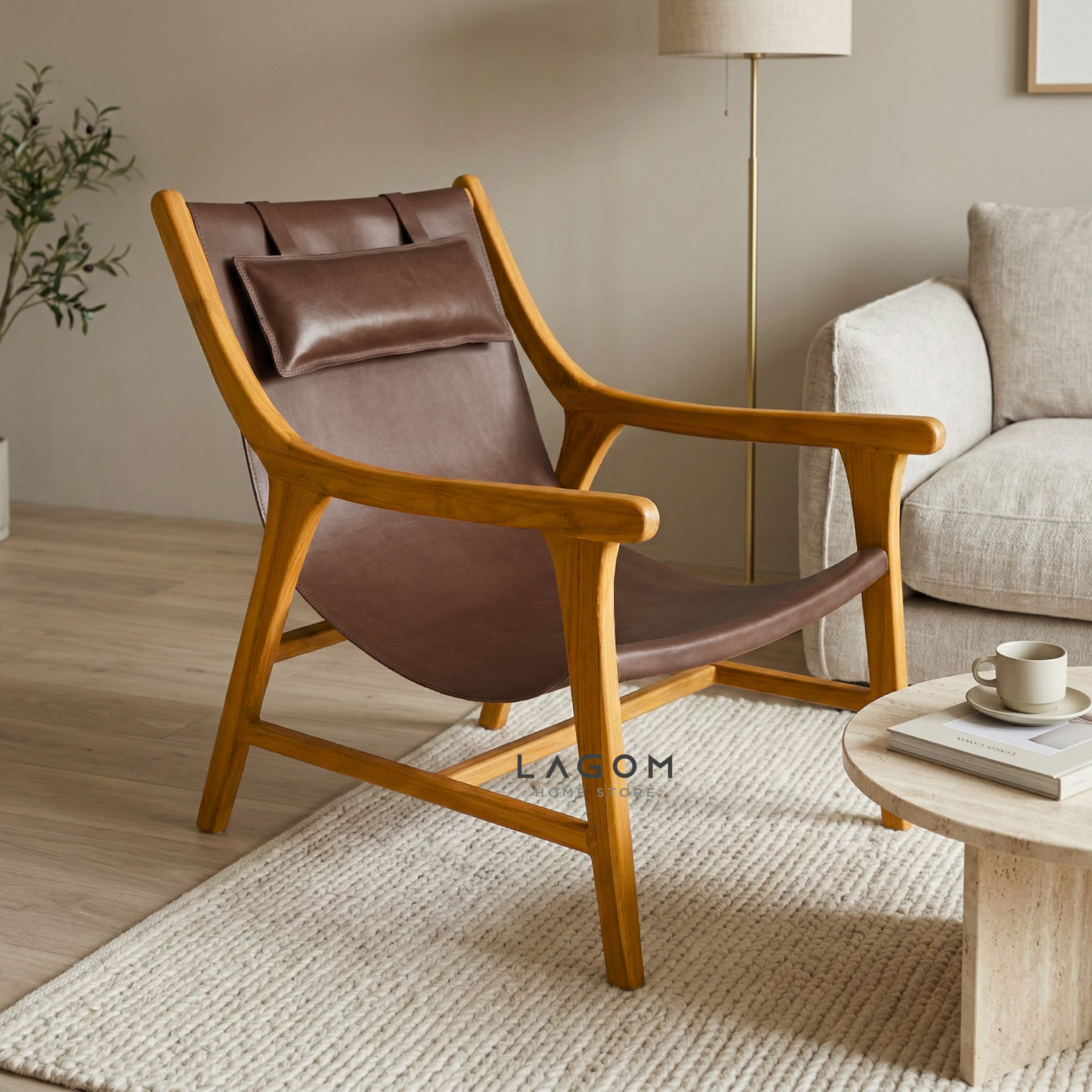 Teak Lounge Chair with Leather Sling Seat