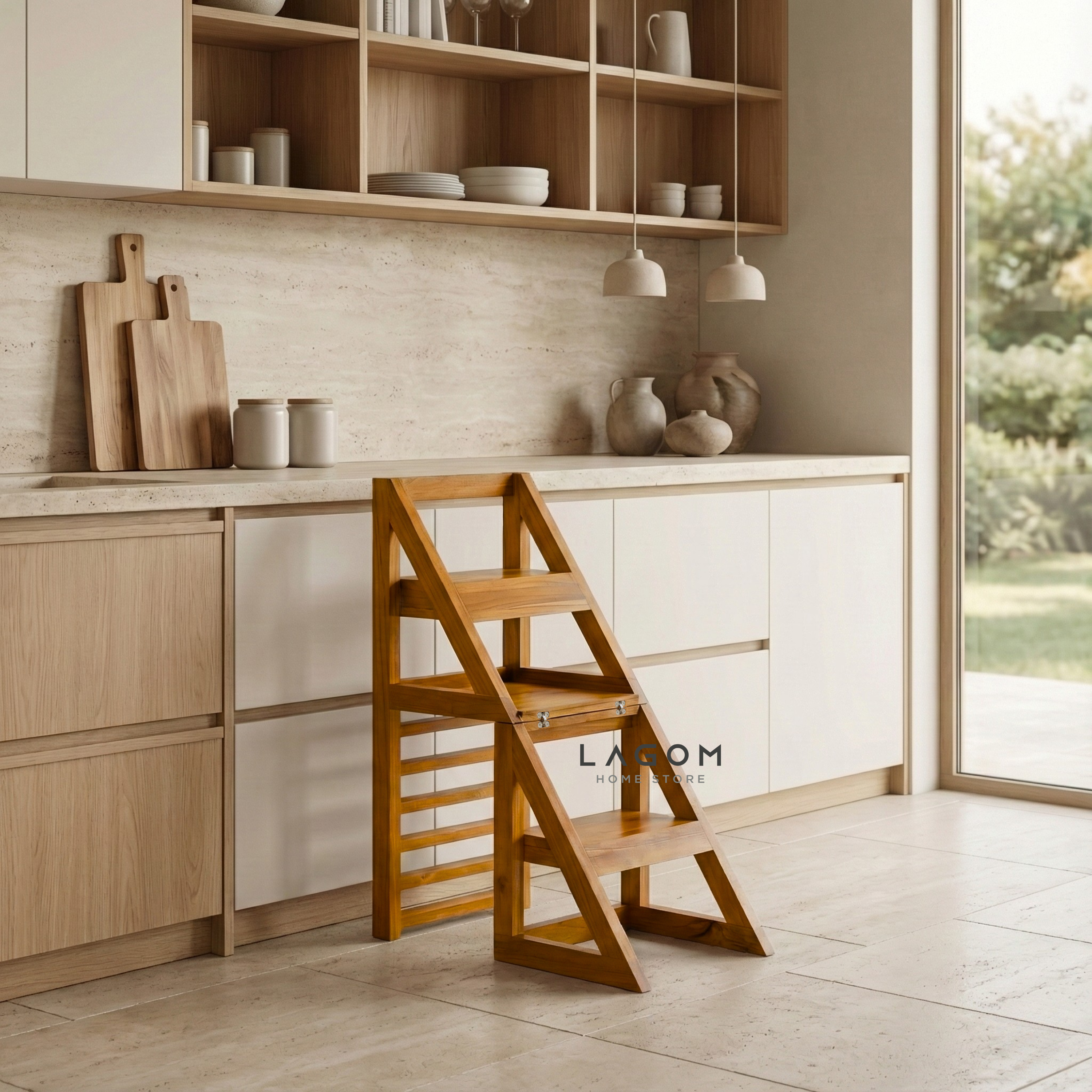 2-in-1 Teak Wood Step Stool & Chair - Smart & Sturdy Design