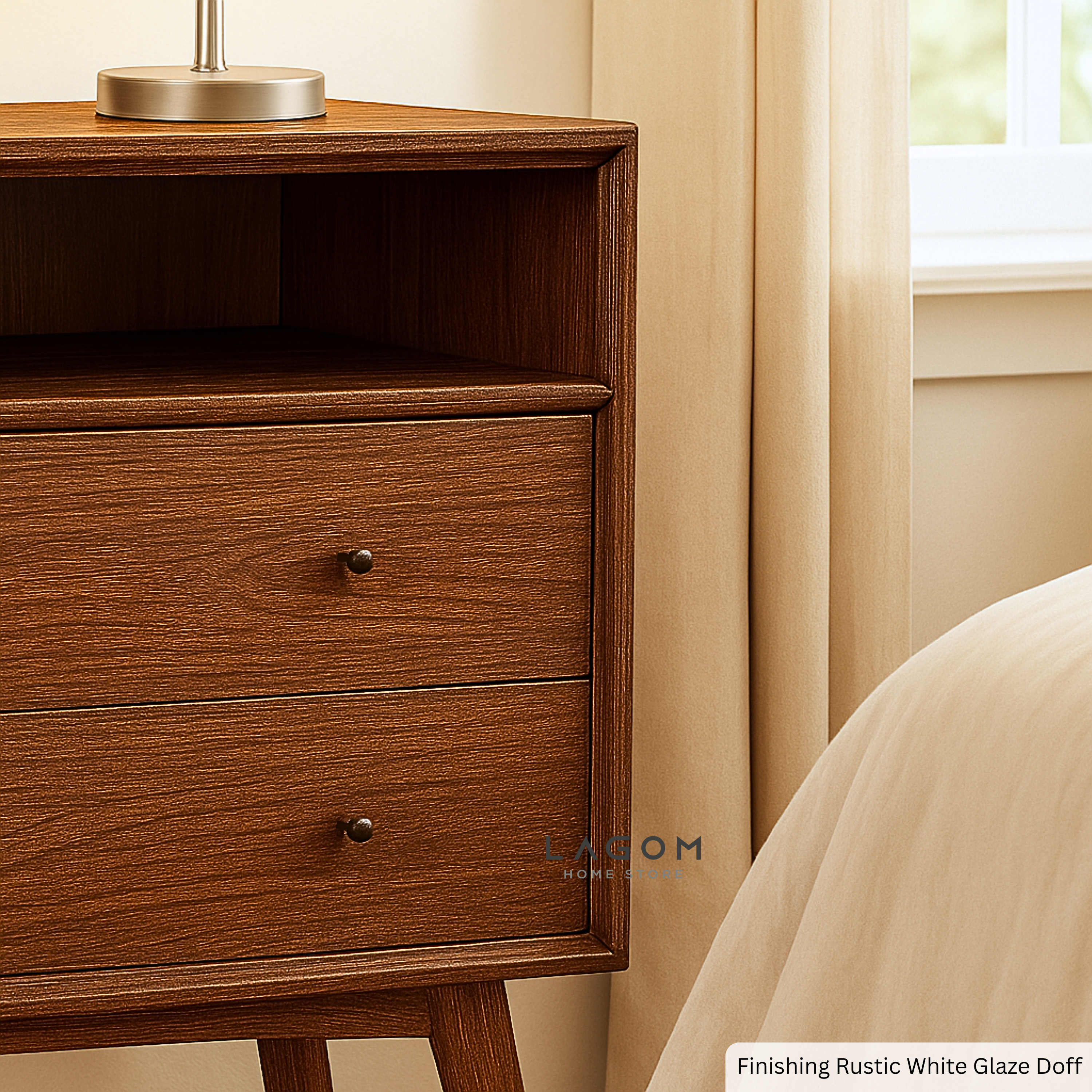 Teak Wood Bedside with Open Shelf and Drawers