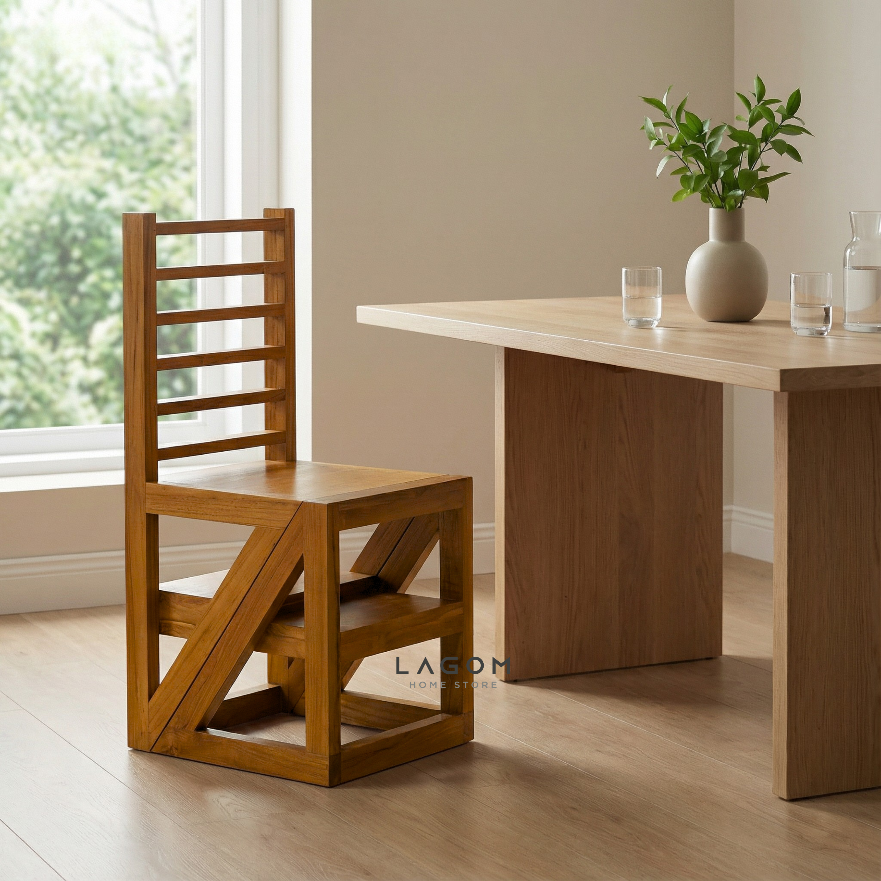 2-in-1 Teak Wood Step Stool & Chair - Smart & Sturdy Design