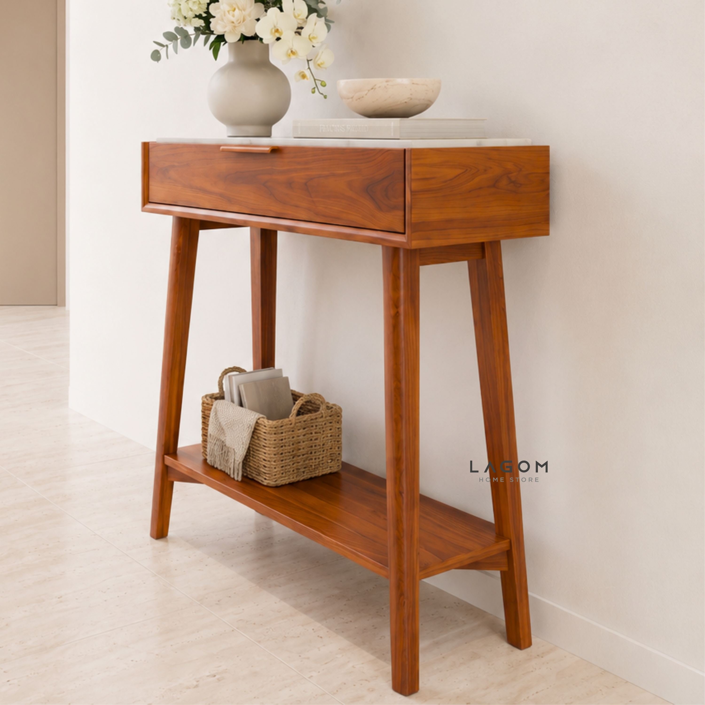 Teak Wood & Marble Console Table