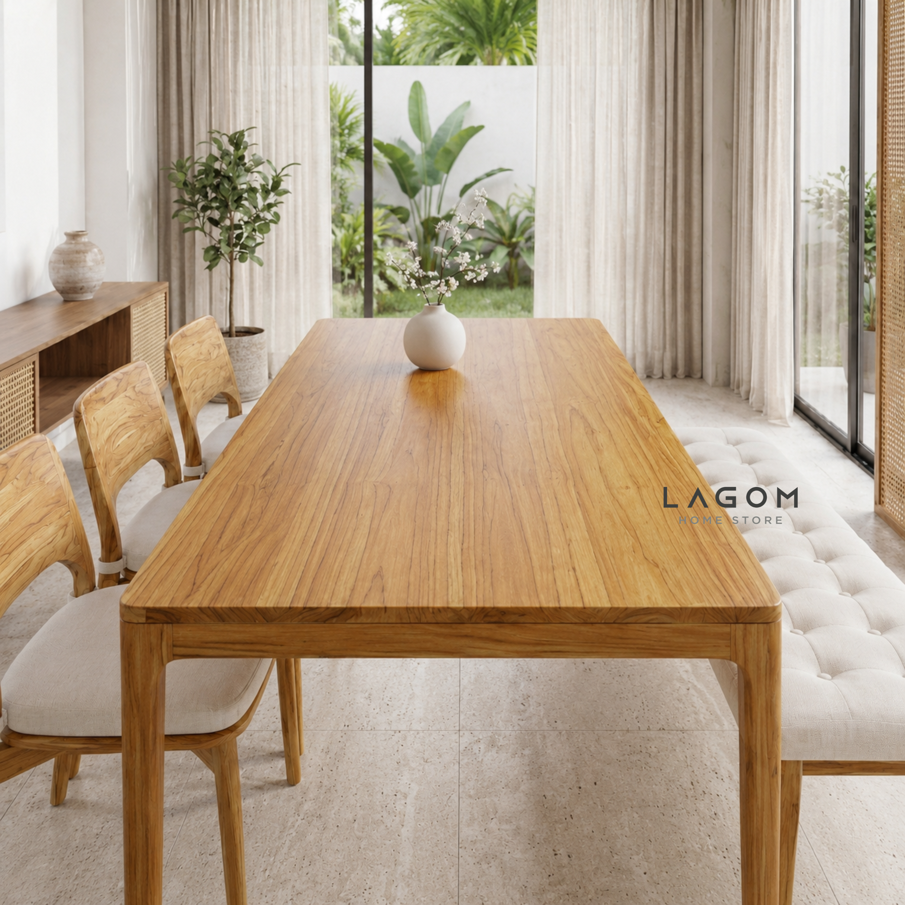 5-Seater Teak Dining Set with Chair and Bench Seating Dining Set Lagom Home Store Jati Furnitur Teak Furniture Jakarta