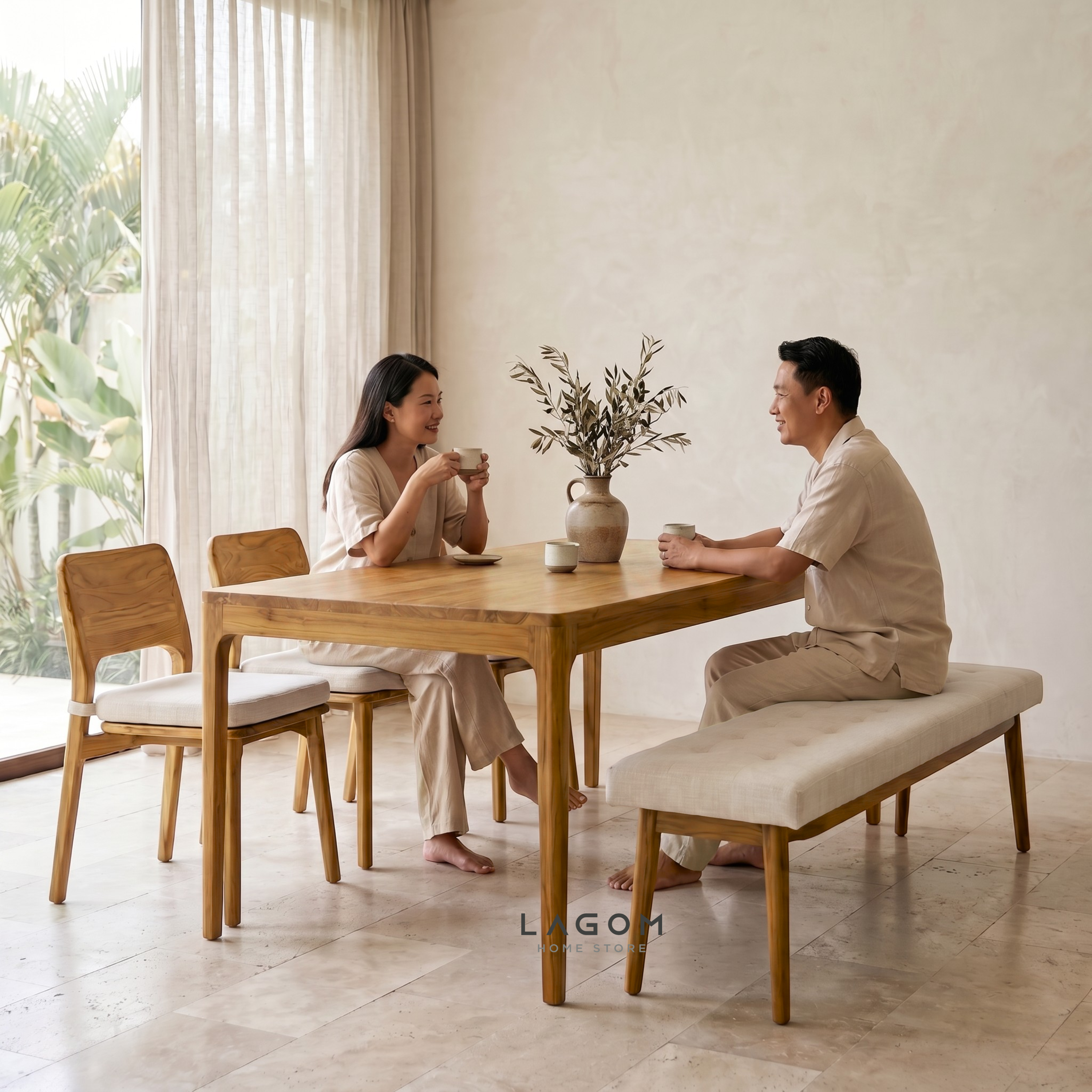 5-Seater Teak Dining Set with Chair and Bench Seating Dining Set Lagom Home Store Jati Furnitur Teak Furniture Jakarta
