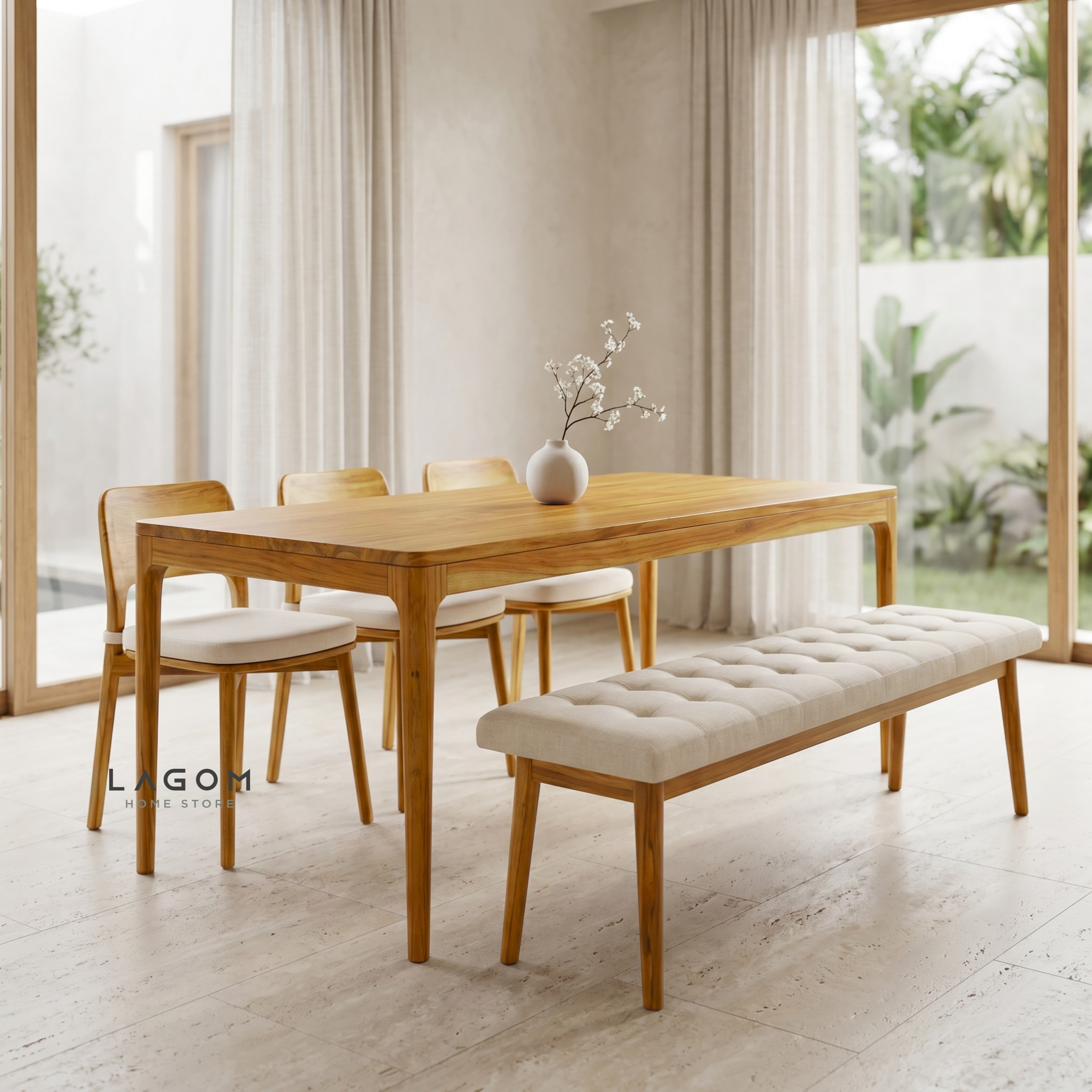 5-Seater Teak Dining Set with Chair and Bench Seating Dining Set Lagom Home Store Jati Furnitur Teak Furniture Jakarta