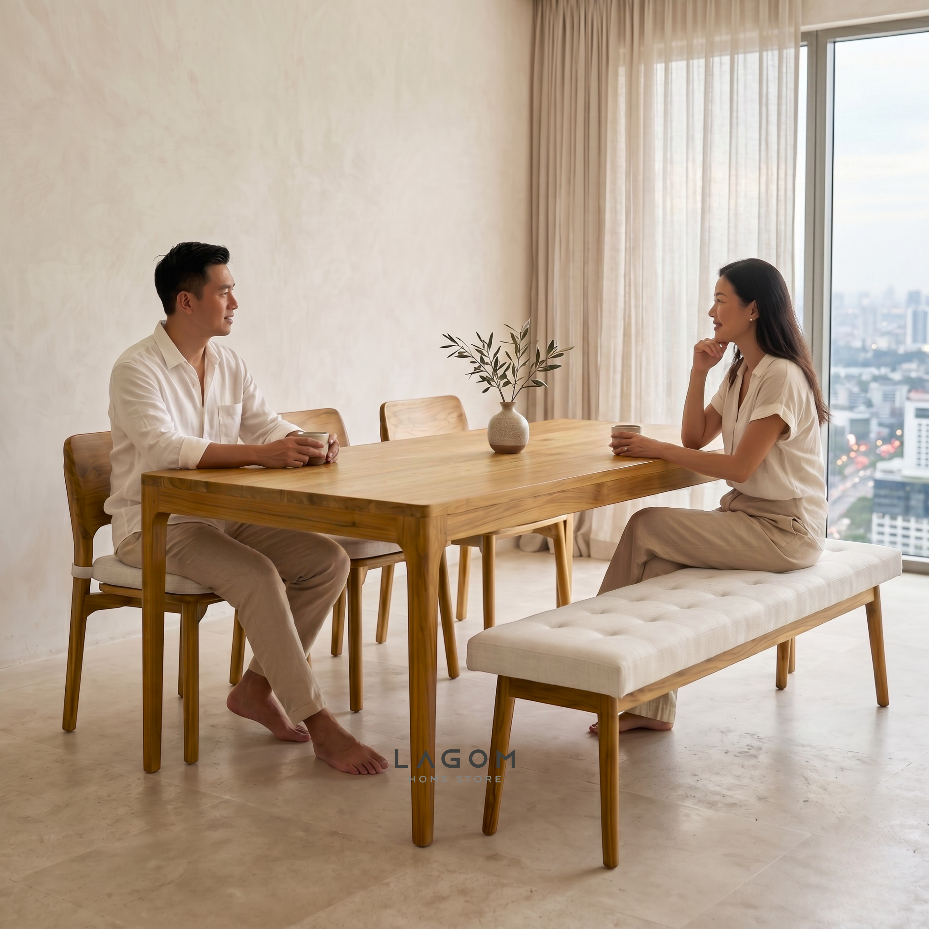 5-Seater Teak Dining Set with Chair and Bench Seating Dining Set Lagom Home Store Jati Furnitur Teak Furniture Jakarta