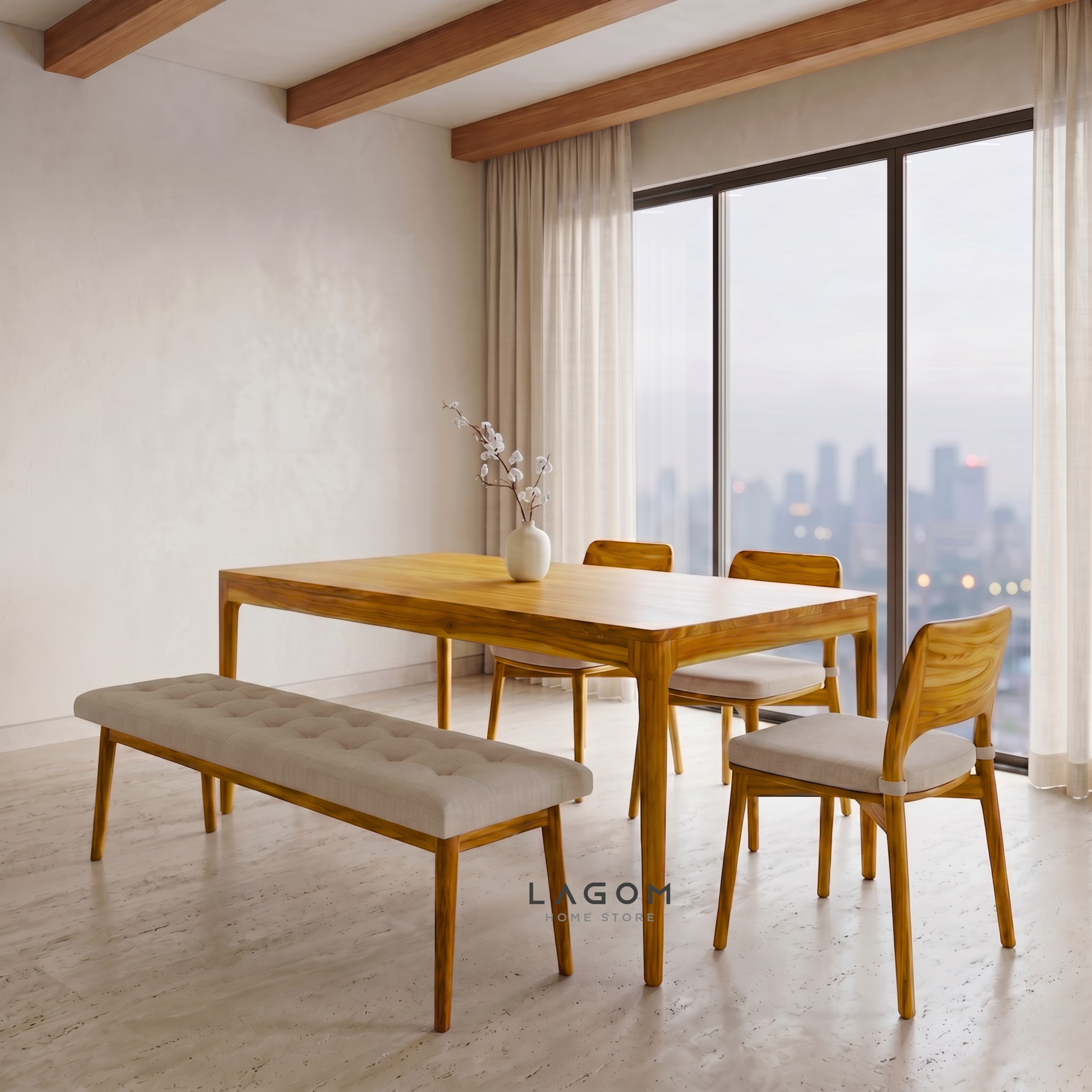 5-Seater Teak Dining Set with Chair and Bench Seating Dining Set Lagom Home Store Jati Furnitur Teak Furniture Jakarta