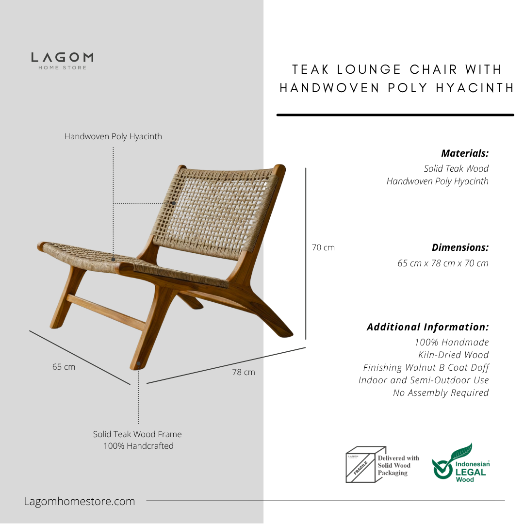 Solid Teak Lounge Chair with Handwoven Poly Hyacinth