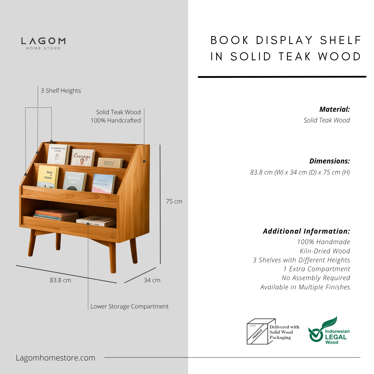 Book Display Shelf in Solid Teak Wood