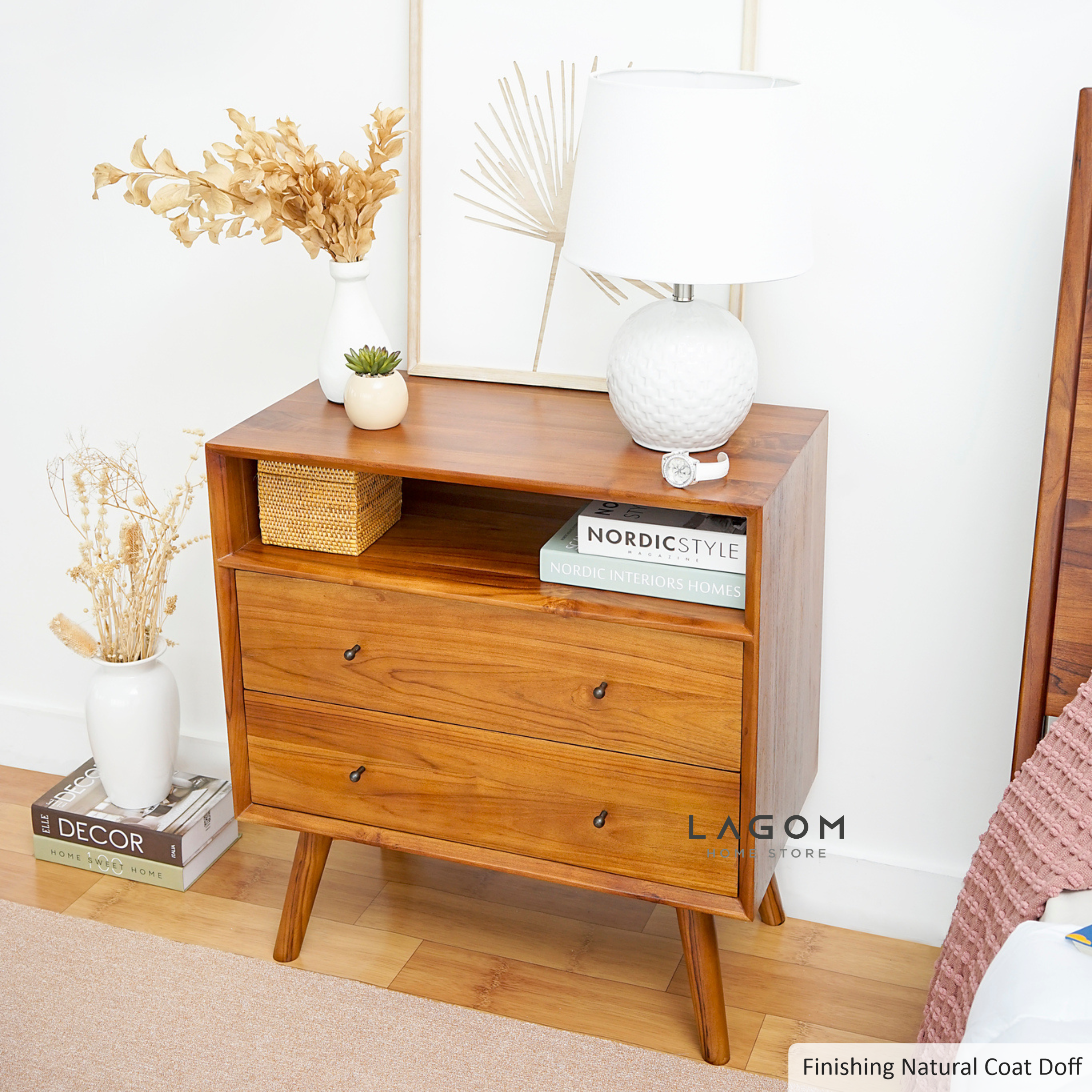 Teak Wood Bedside with Open Shelf and Drawers