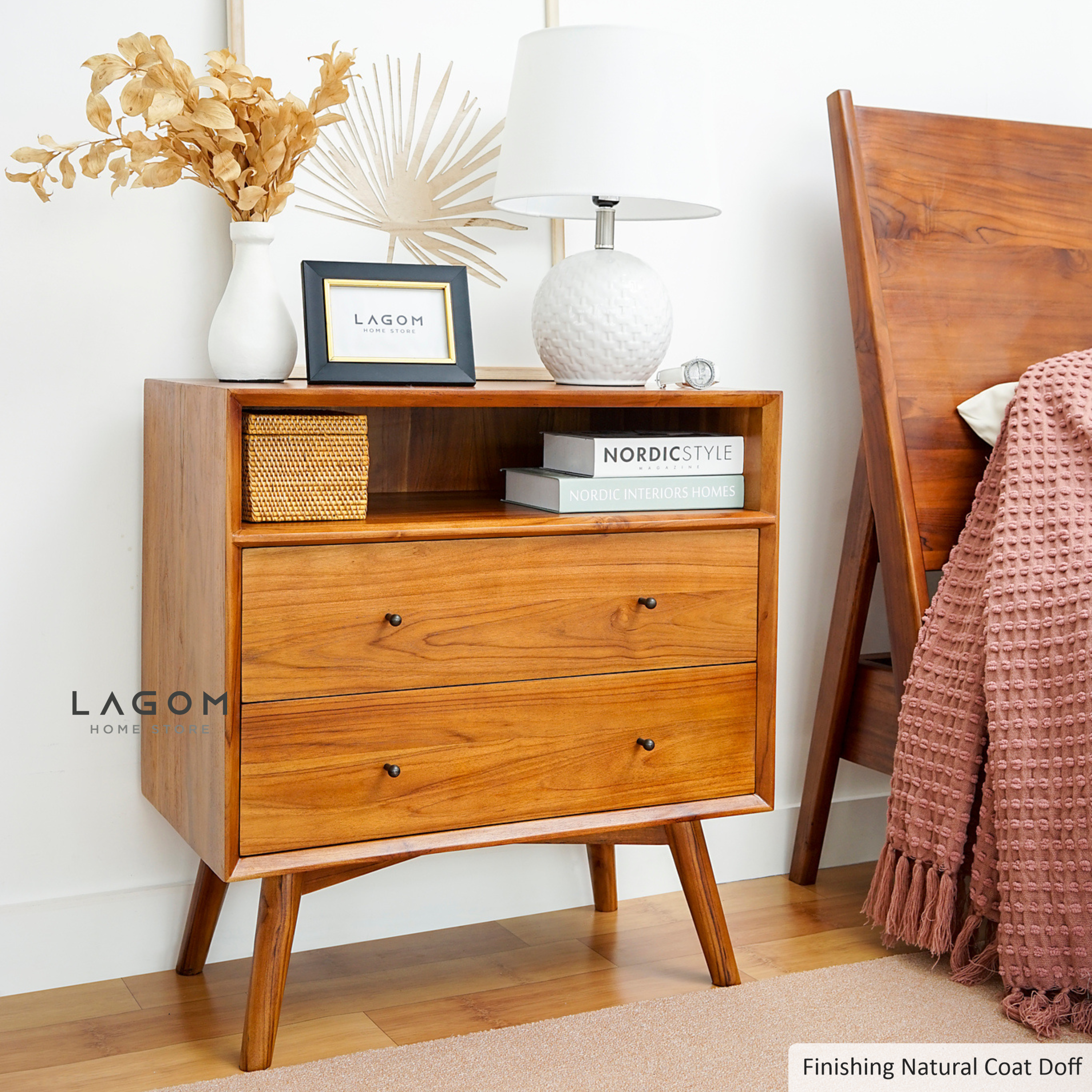 Teak Wood Bedside with Open Shelf and Drawers