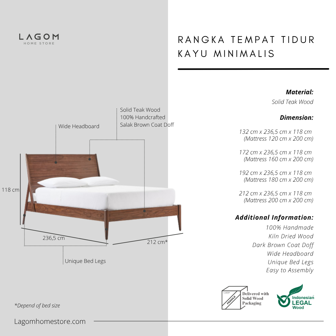 Exclusive Bed Frame with Headboard in Solid Teak Wood