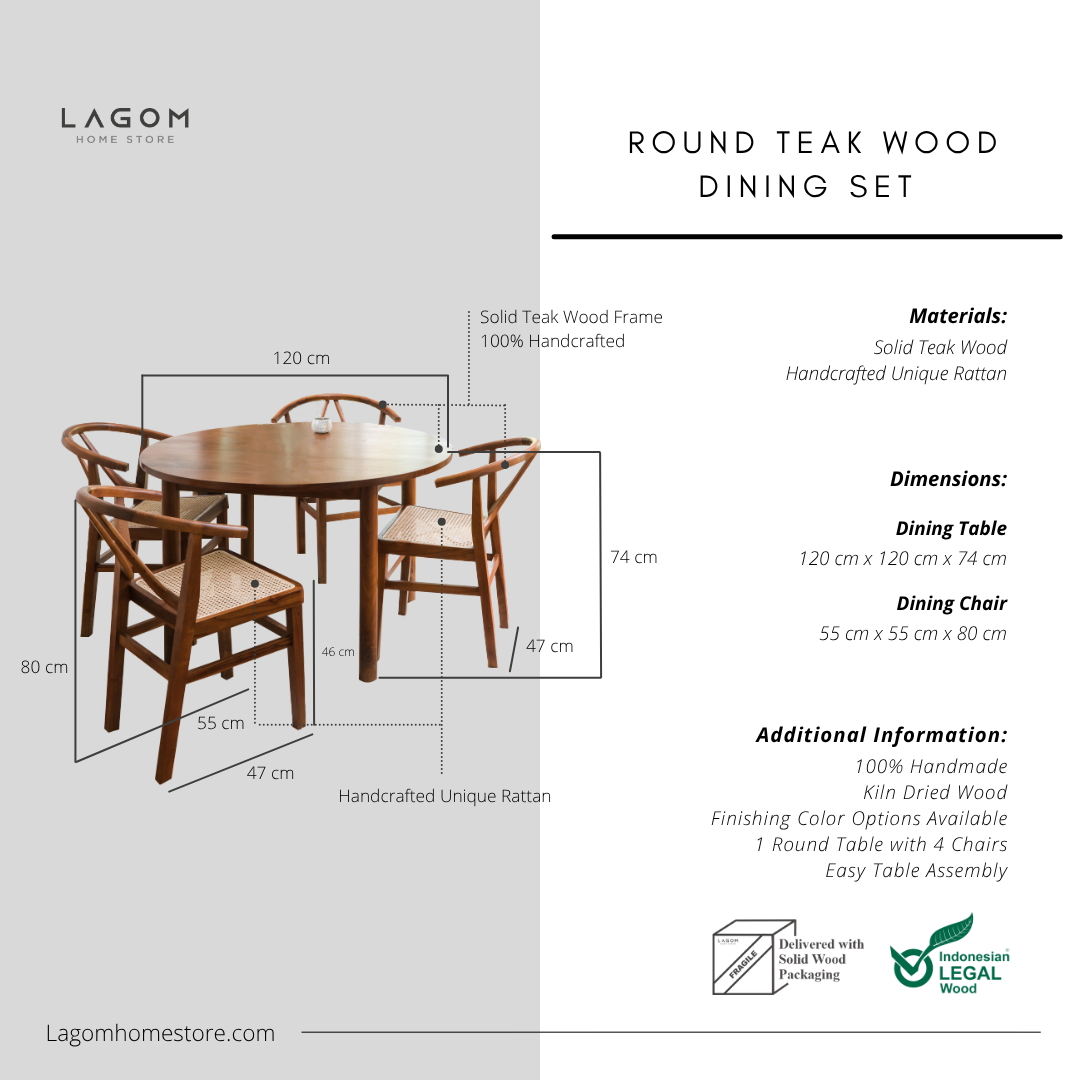 Round Teak Wood Dining Set with 4 Unique Rattan Chairs
