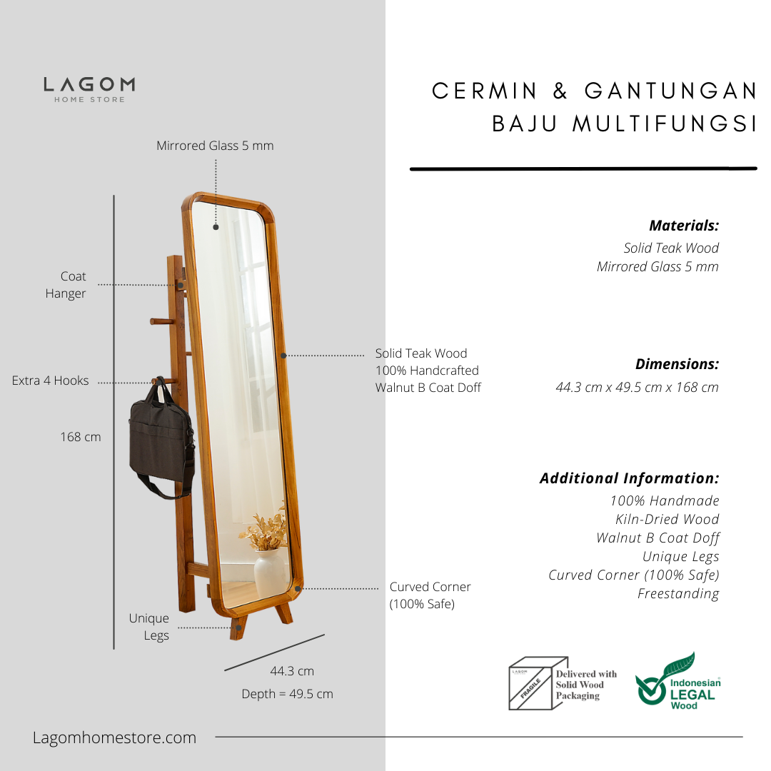 168 cm Teak Standing Mirror with Integrated Hanger