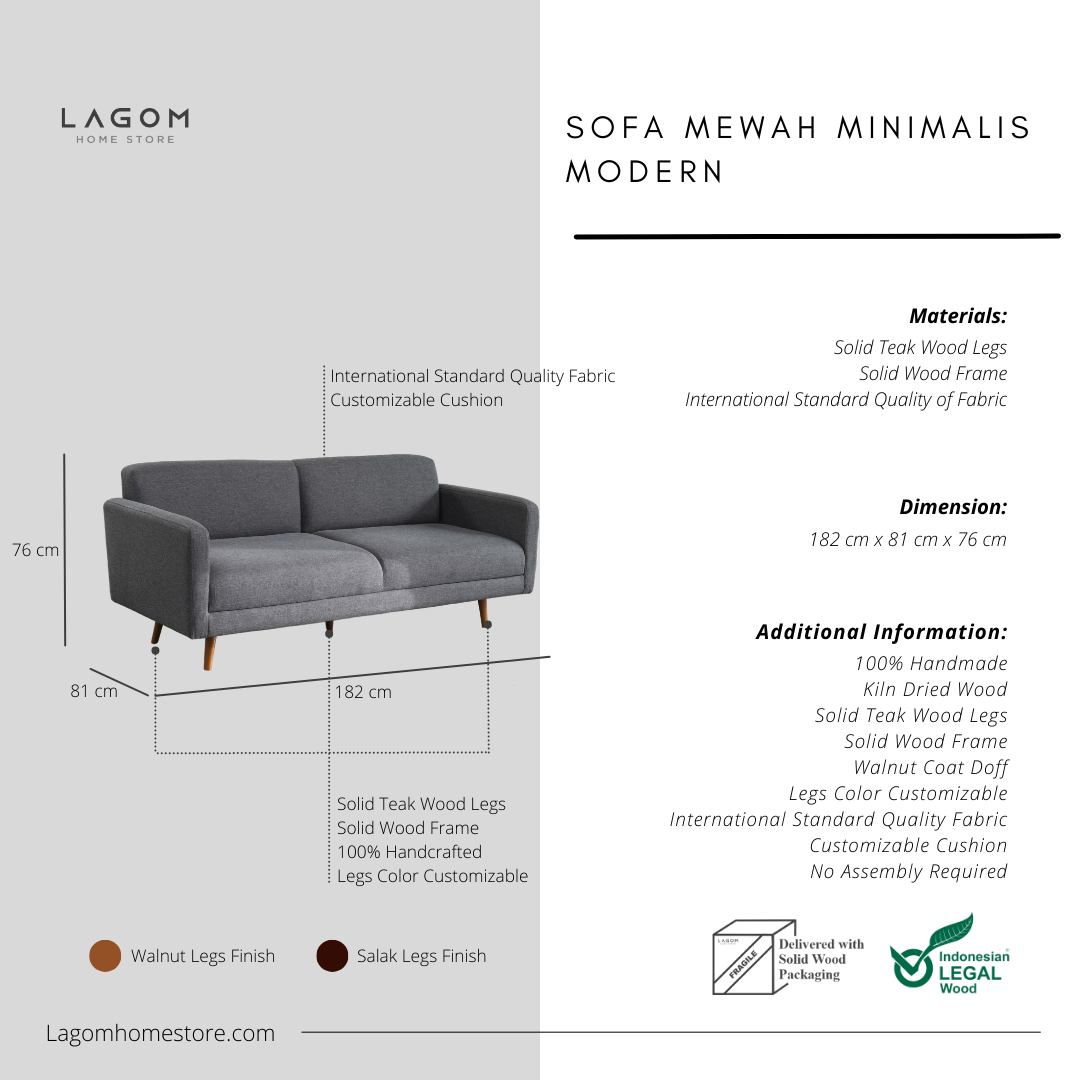 Sofa Double Seater dengan Frame Kayu Jati - Tekstur dan Warna Customizable