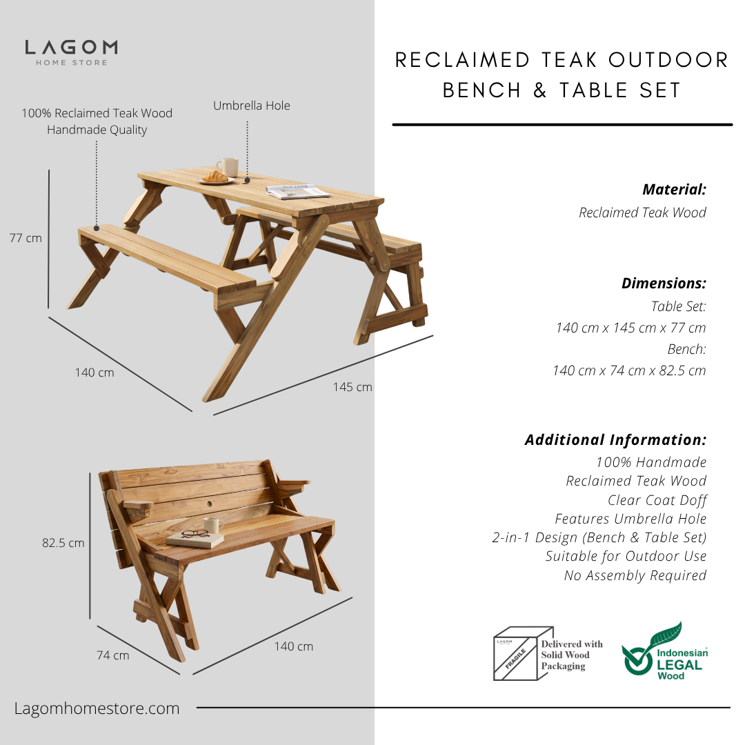 2-in-1 Reclaimed Teak Outdoor Bench & Table Set