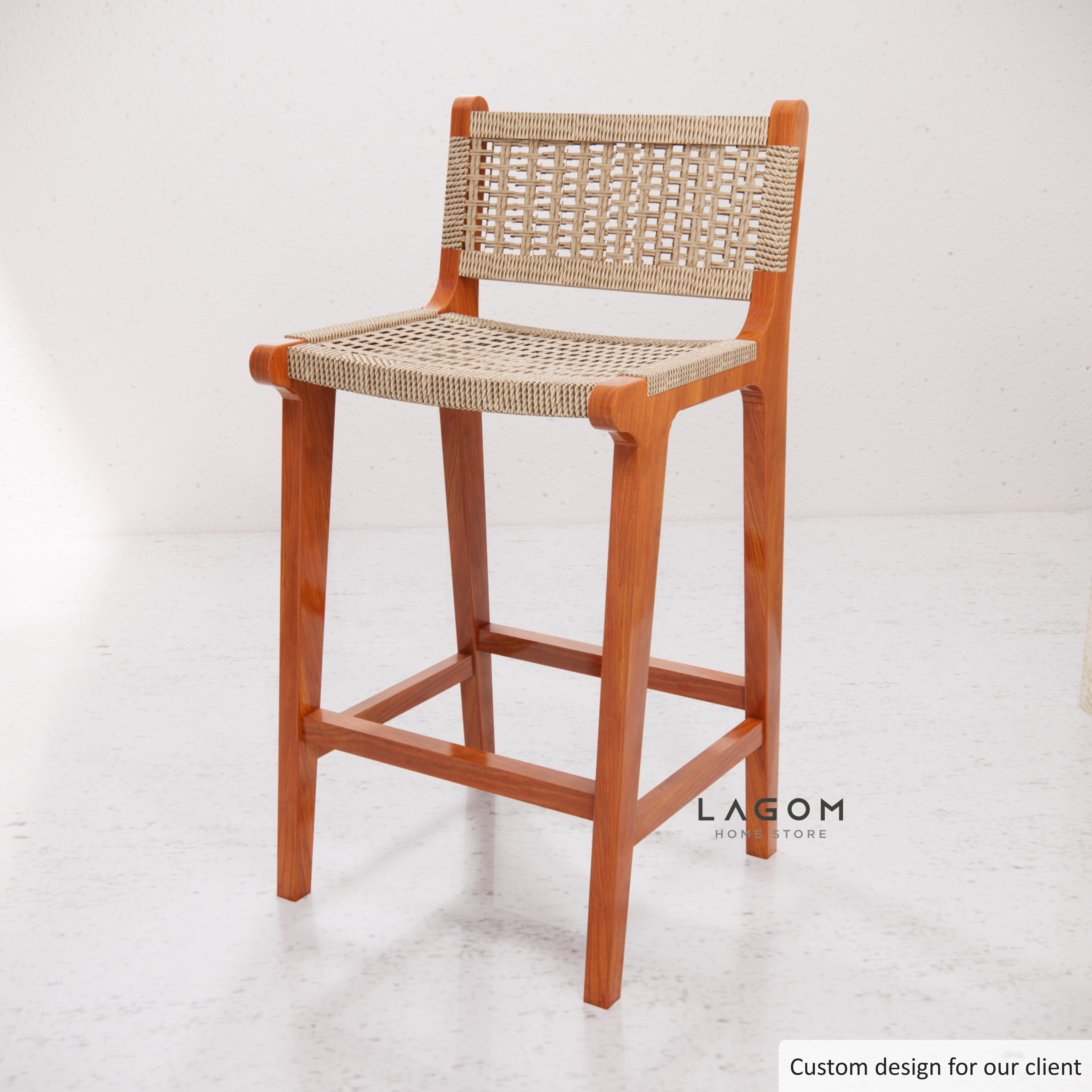 Kursi Bar/Bar Stool dengan Sandaran dari Kayu Jati dan Loom