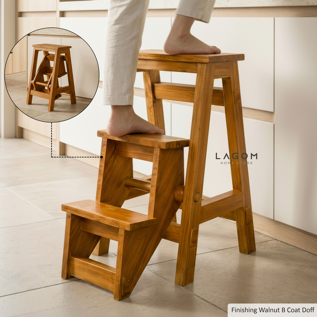 Teak Wood Convertible Step Stool & Bar Stool