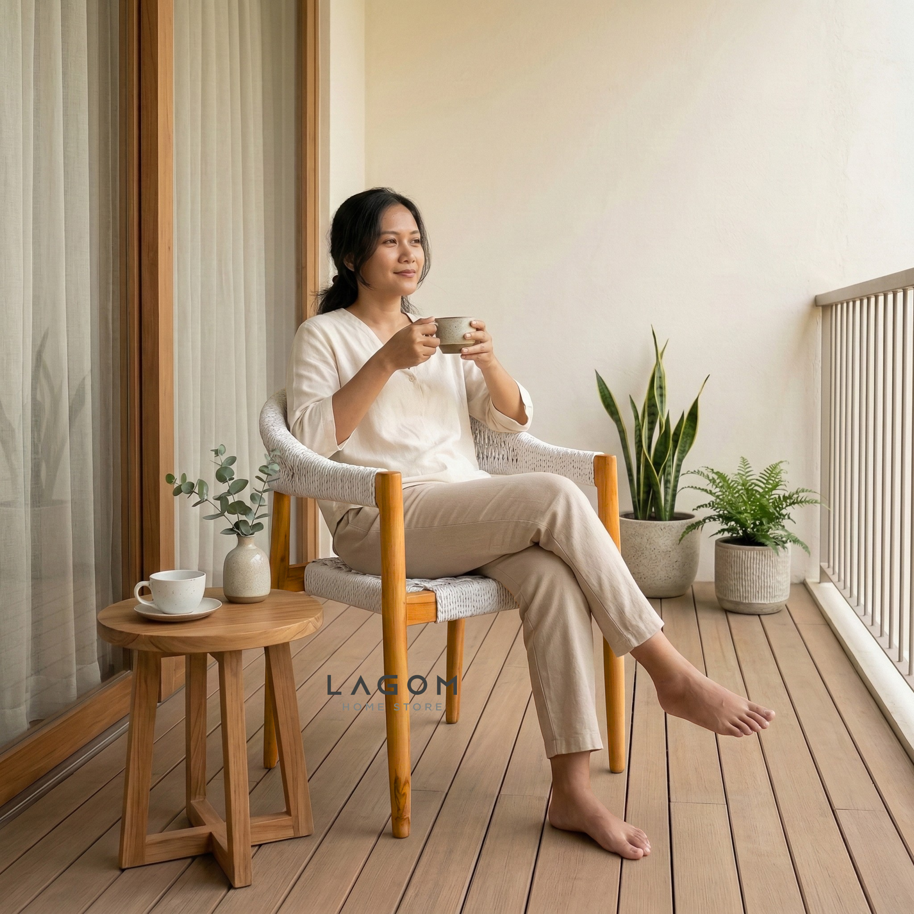 Accent Chair in Teak & Woven Synthetic Cord Chair Lagom Home Store Jati Furnitur Teak Furniture Jakarta