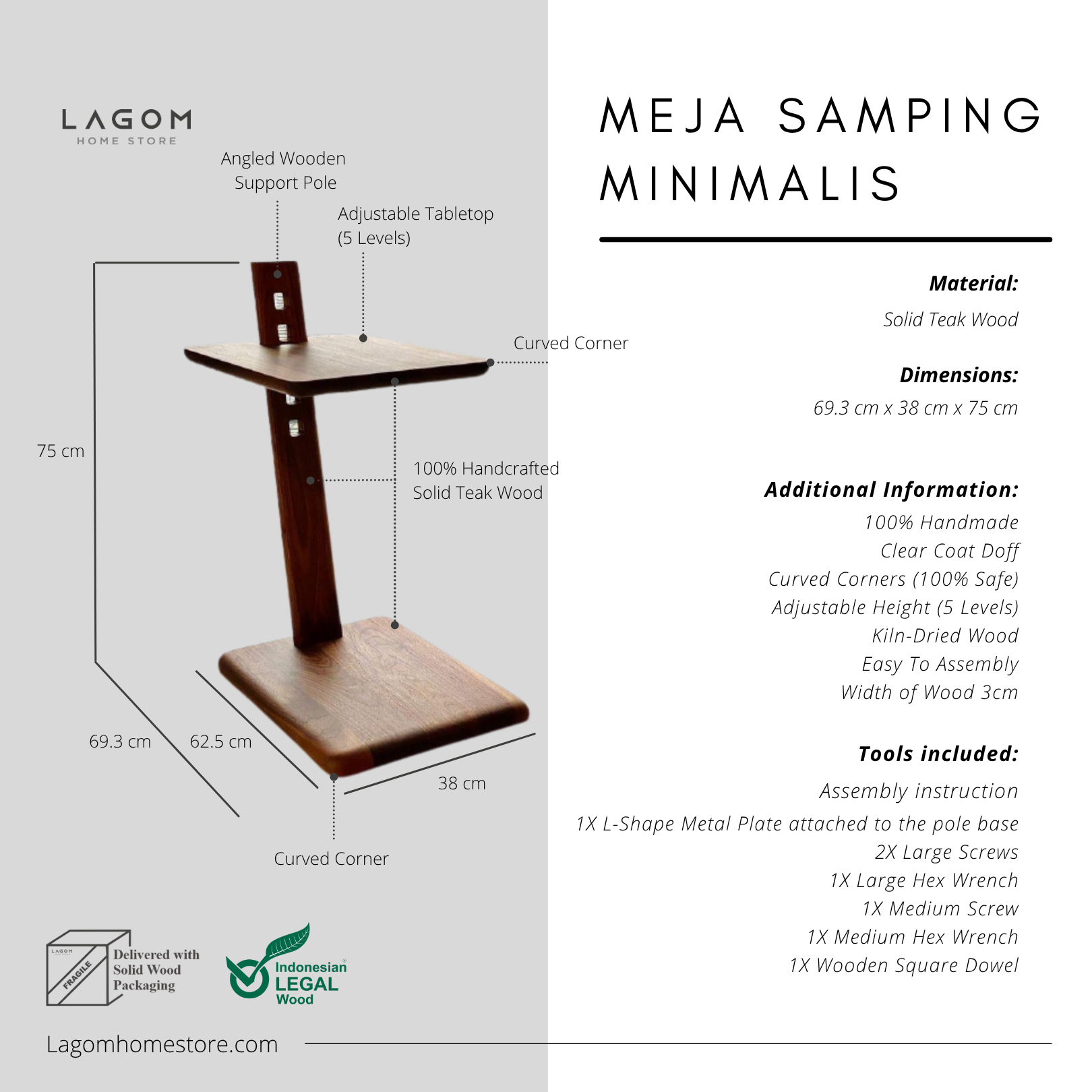 Adjustable Teak Side Table Side Table Lagom Home Store Jati Furnitur Teak Furniture Jakarta